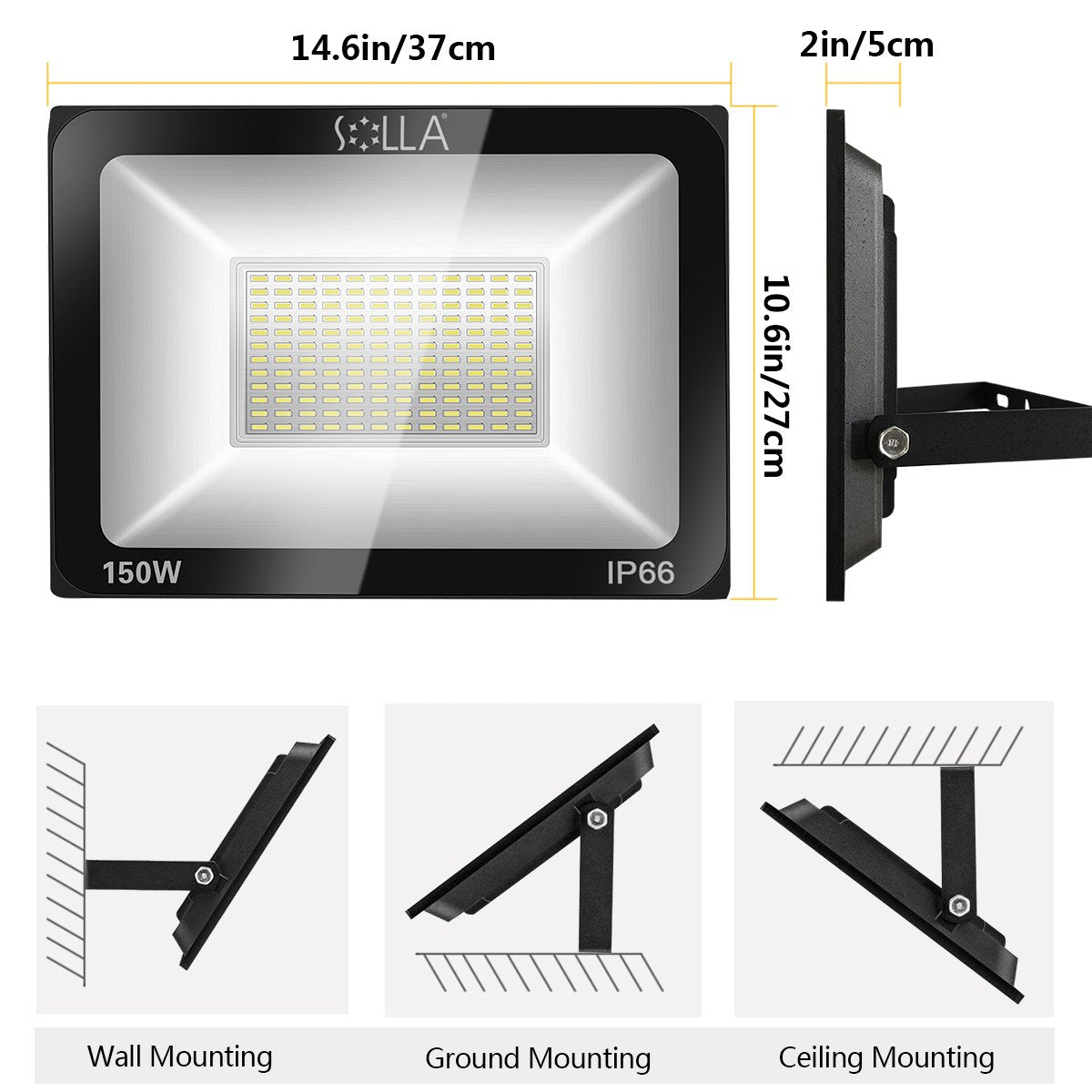 SOLLA 150W LED Flood Light - 2 Pack, IP66 Waterproof, 12000lm, 3000K Warm White, Aluminum, Model HT-002