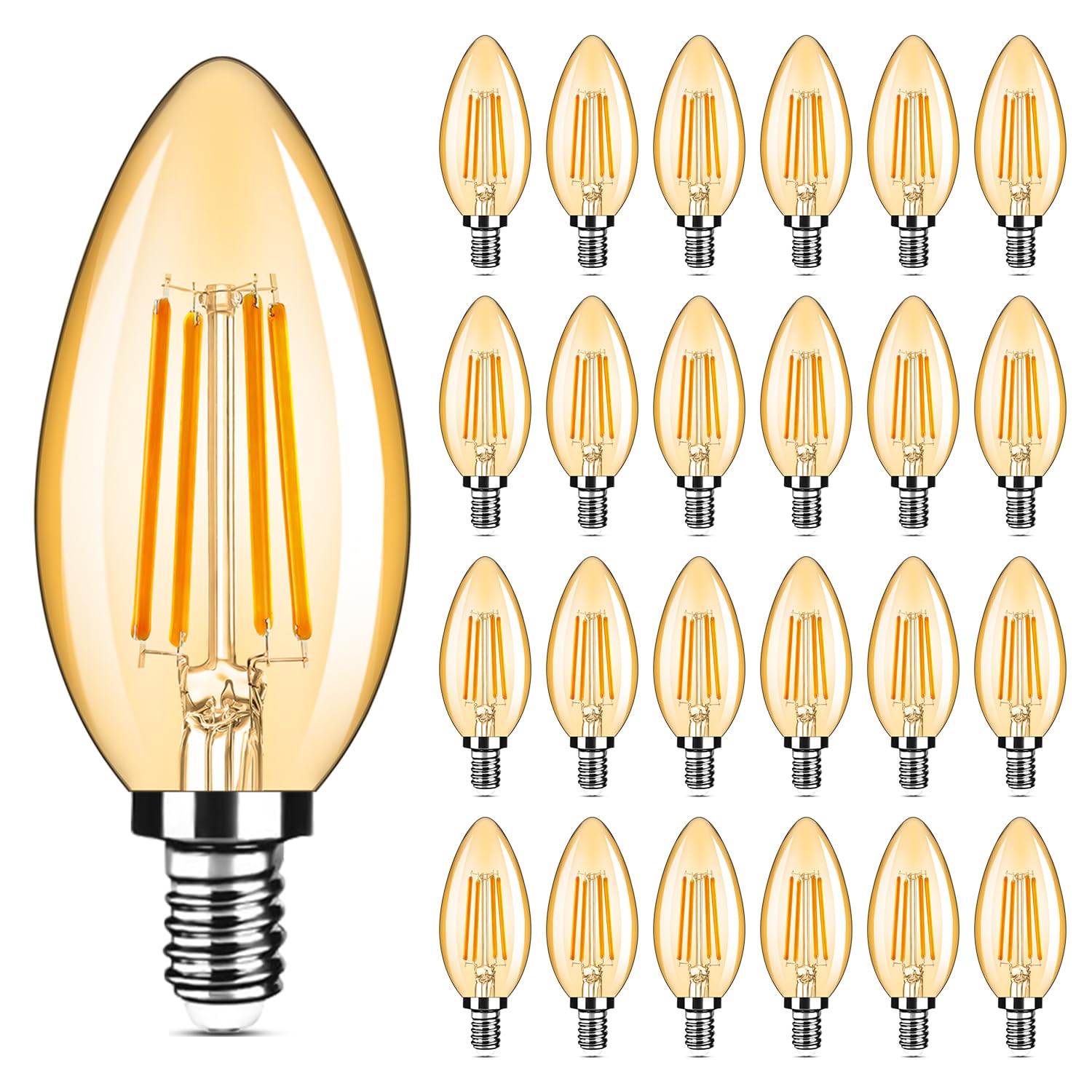 24-Pack Dimmable E12 Led Candelabra Bulbs 40Watt Equivalent, 2200K Amber Warm White, 380Lumens, 4W B11 Amber Chandelier Light Bu