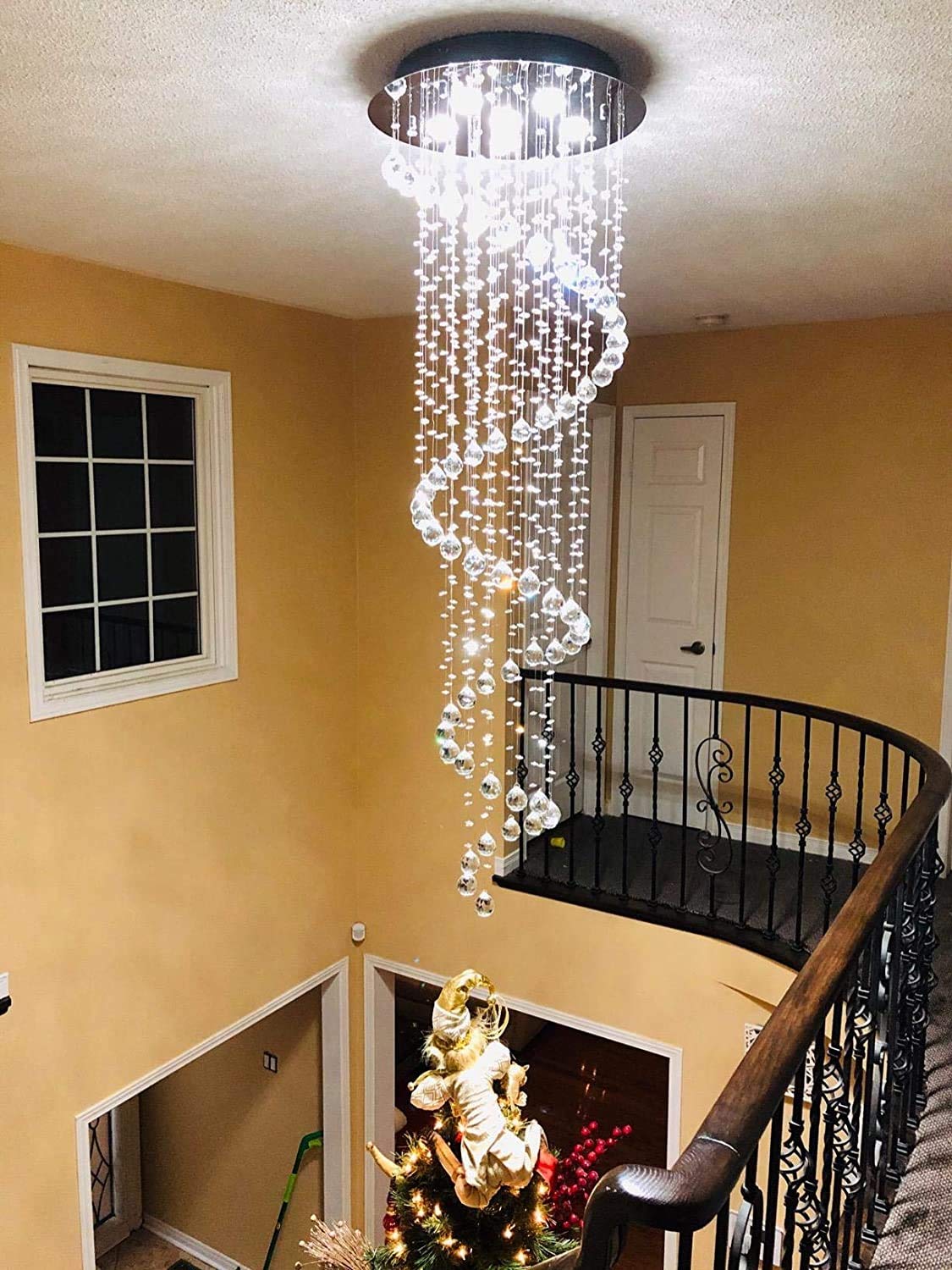 CRYSTOP Modern Contemporary Chandelier Lighting, Crystal, 6 Lights, D20in  x H61in , Silver, Luxury Drop Fixture for Foyer Dining Room Kitchen