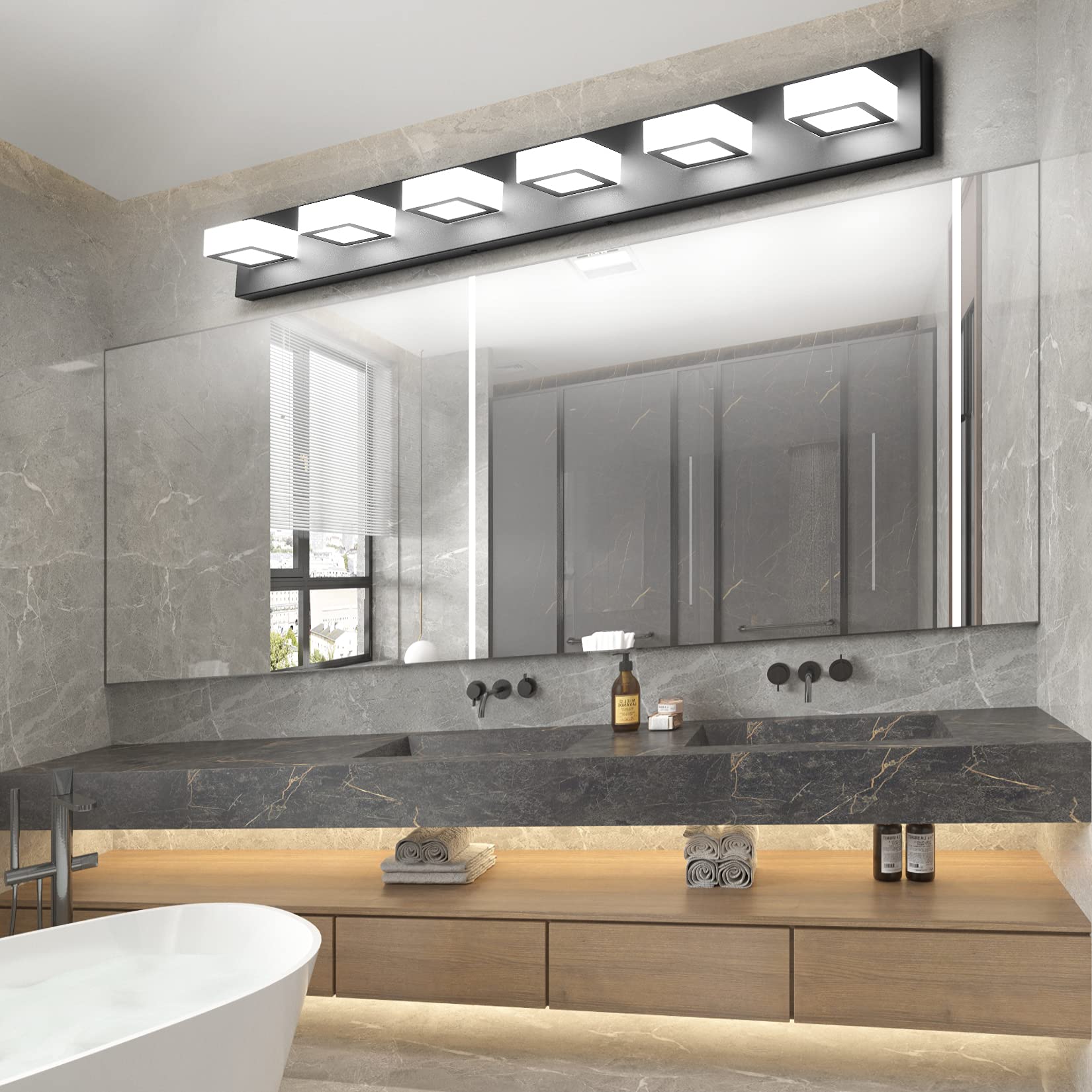 Ralbay Modern Matte Black Bathroom Vanity Light Fixtures 6 Lights Acrylic Modern Led Black Vanity Lights For Bathroom (4500K Neu