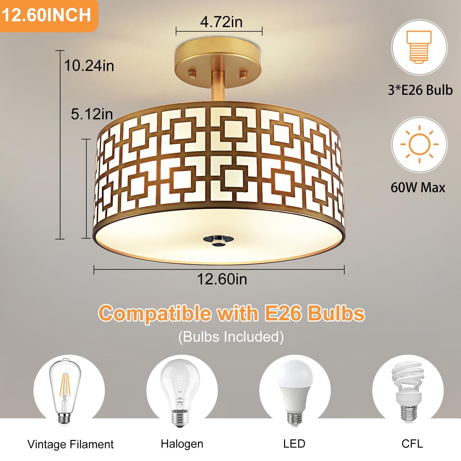 Dllt Flush Mount Ceiling Light: Modern 3-Light Semi Flush Mount Ceiling Light Fixture - Drum Kitchen Lighting Fixture For Dining