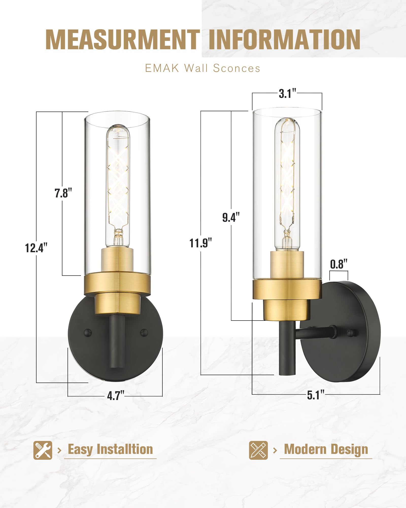 Emak Black And Gold Sconces Wall Lighting, Modern Vanity Lights With Clear Glass Shade, Wall Sconce For Bathroom, Bedroom, Livin