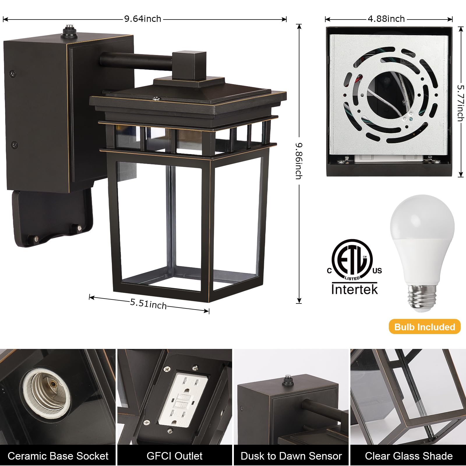 Fandbo Dusk To Dawn Porch Light With Gfci Outlet, Waterproof Aluminum, Bulb Included, Oil-Rubbed Bronze