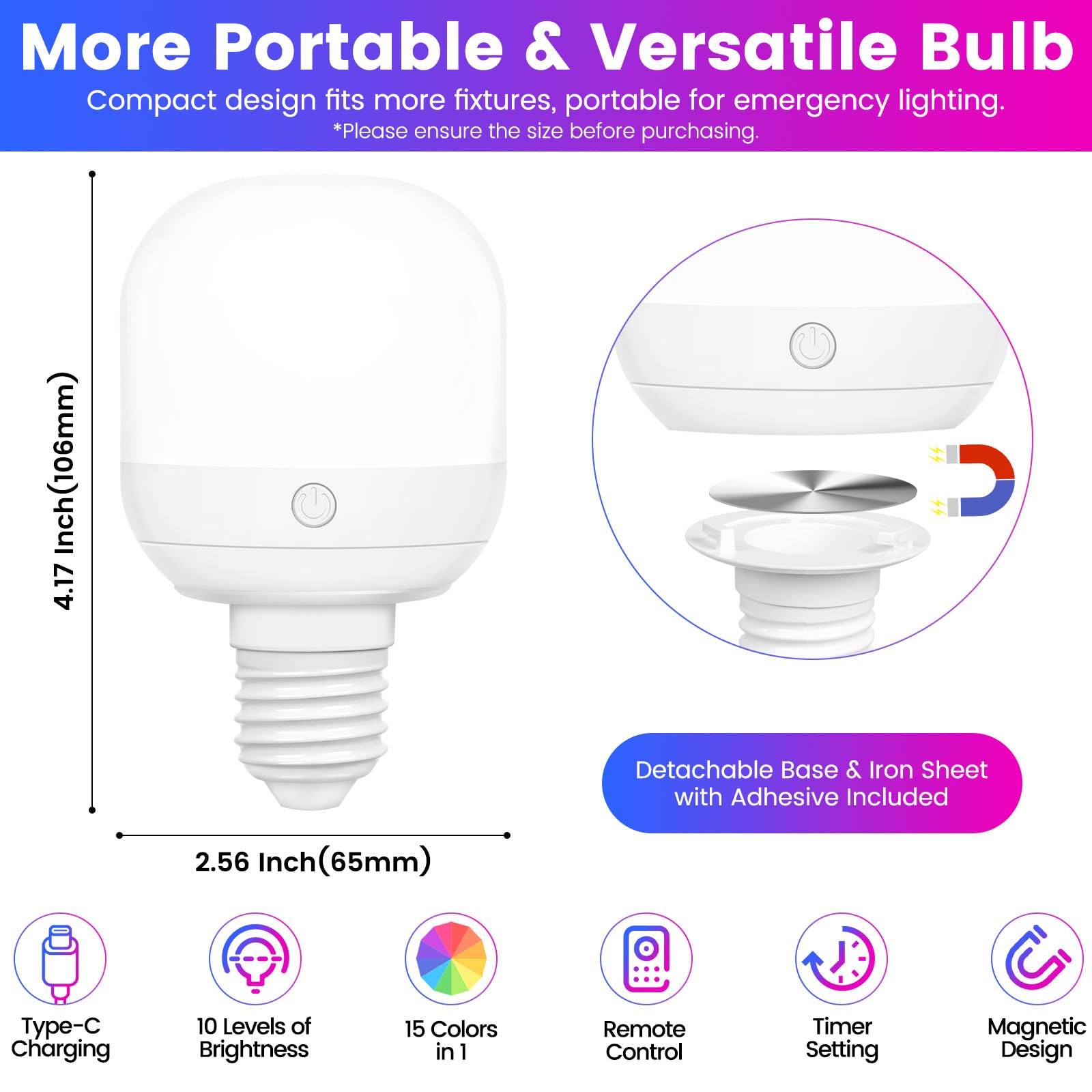 Yochoice Rechargeable Light Bulbs For Lamp With 15 Colors Selectable & 3 Timer, Dimmable Battery Light Bulb With Remote Control,