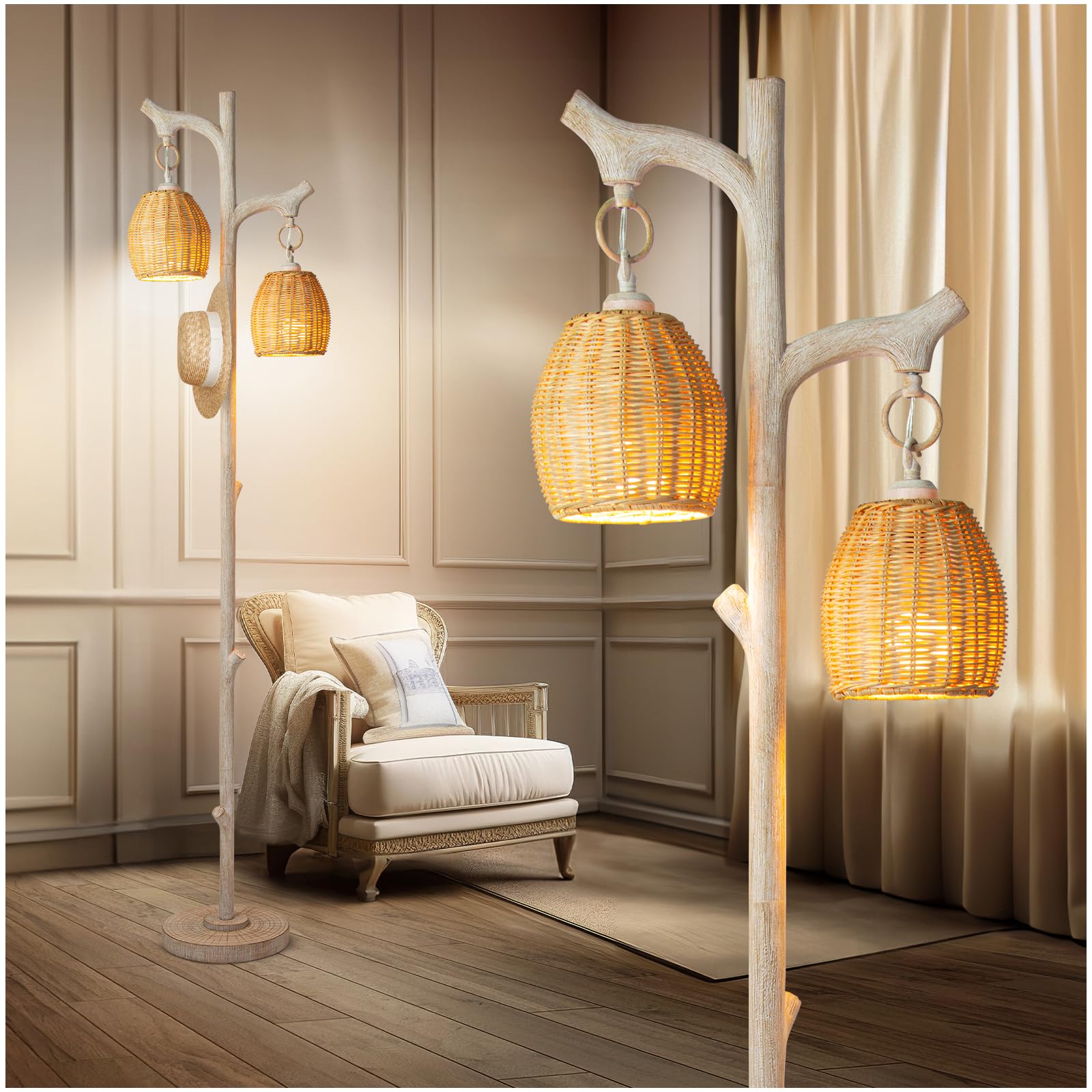 68'' High Farmhouse Rustic Country Cottage Floor Lamp Tree Trunk Faux Wood Column White Washed Wicker Drum Shade Decor for Livin