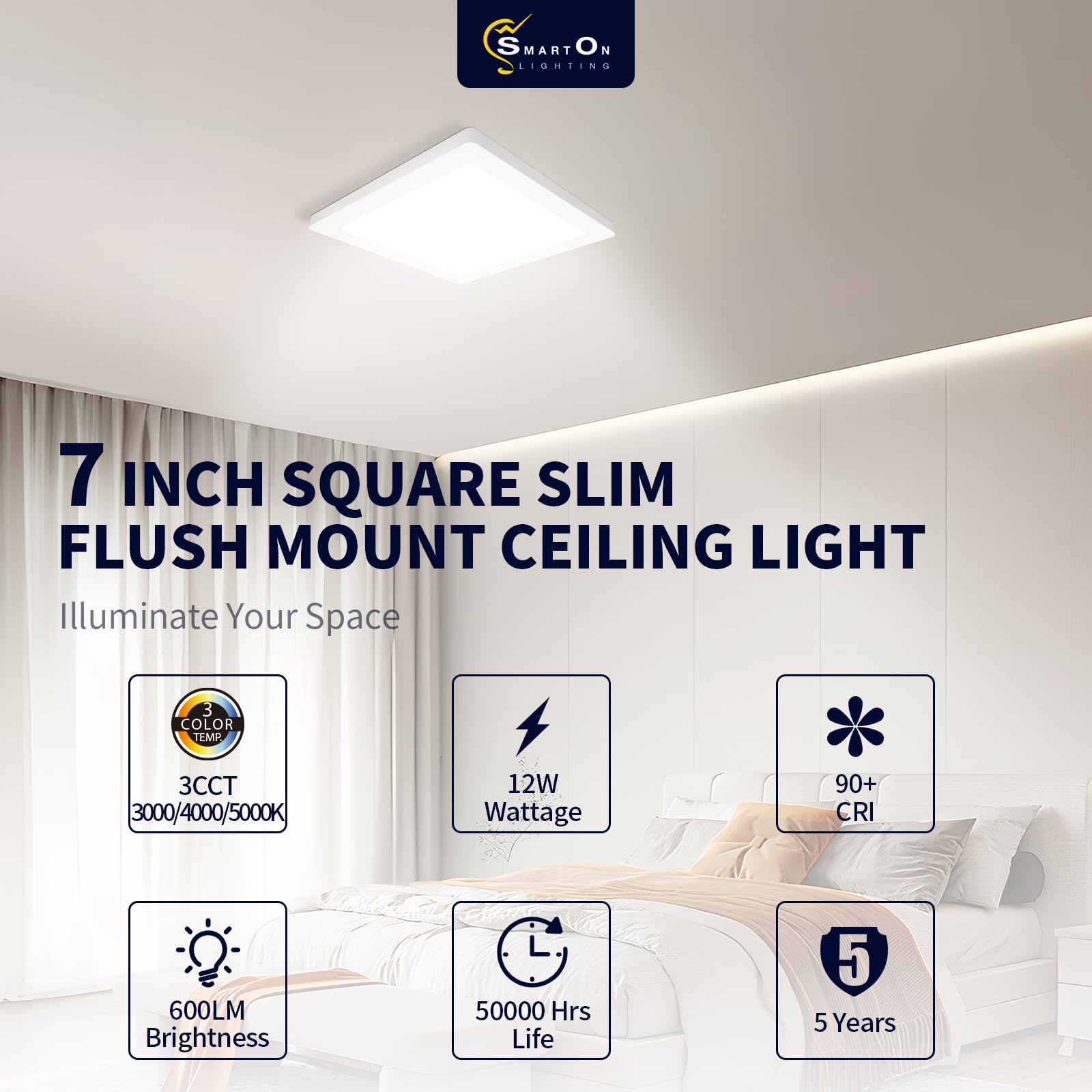 Mw 2 Pack 7 Inch Square Led Flush Mount Ceiling Light, Slim Led Ceiling Lights, Dimmable 12W, 120V, 3000K/4000K/5000K Adjustable