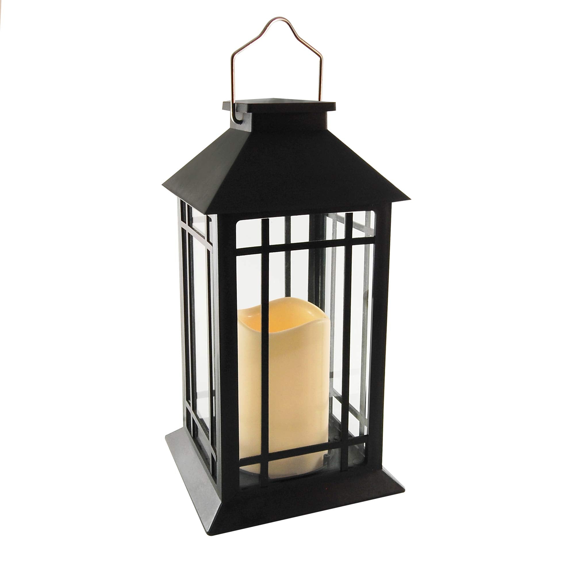 Lumabase Solar Powered Lantern with LED Candle, 11in Plastic, Black, Model 94201