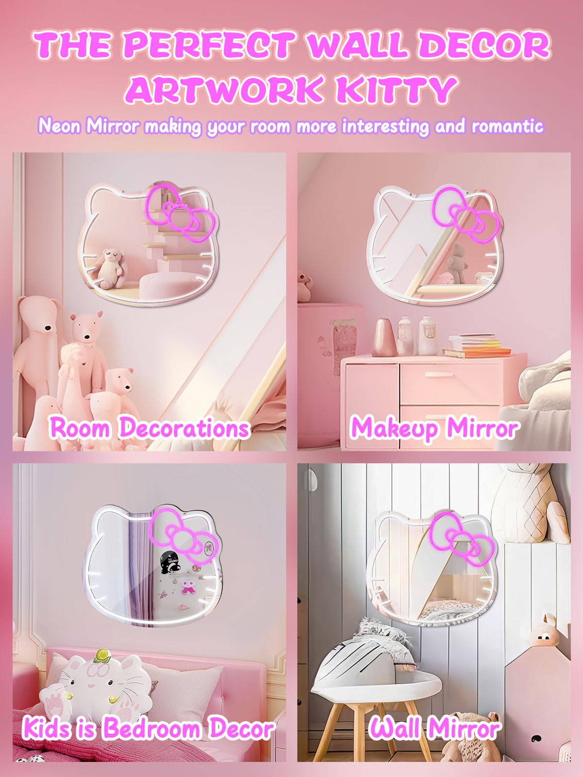 LUXUOSA Anime Mirror Vanity - Neon LED Wall Mirror with Remote, 13inL x 13inW, White, Perfect for Bedroom Decor and Gifts