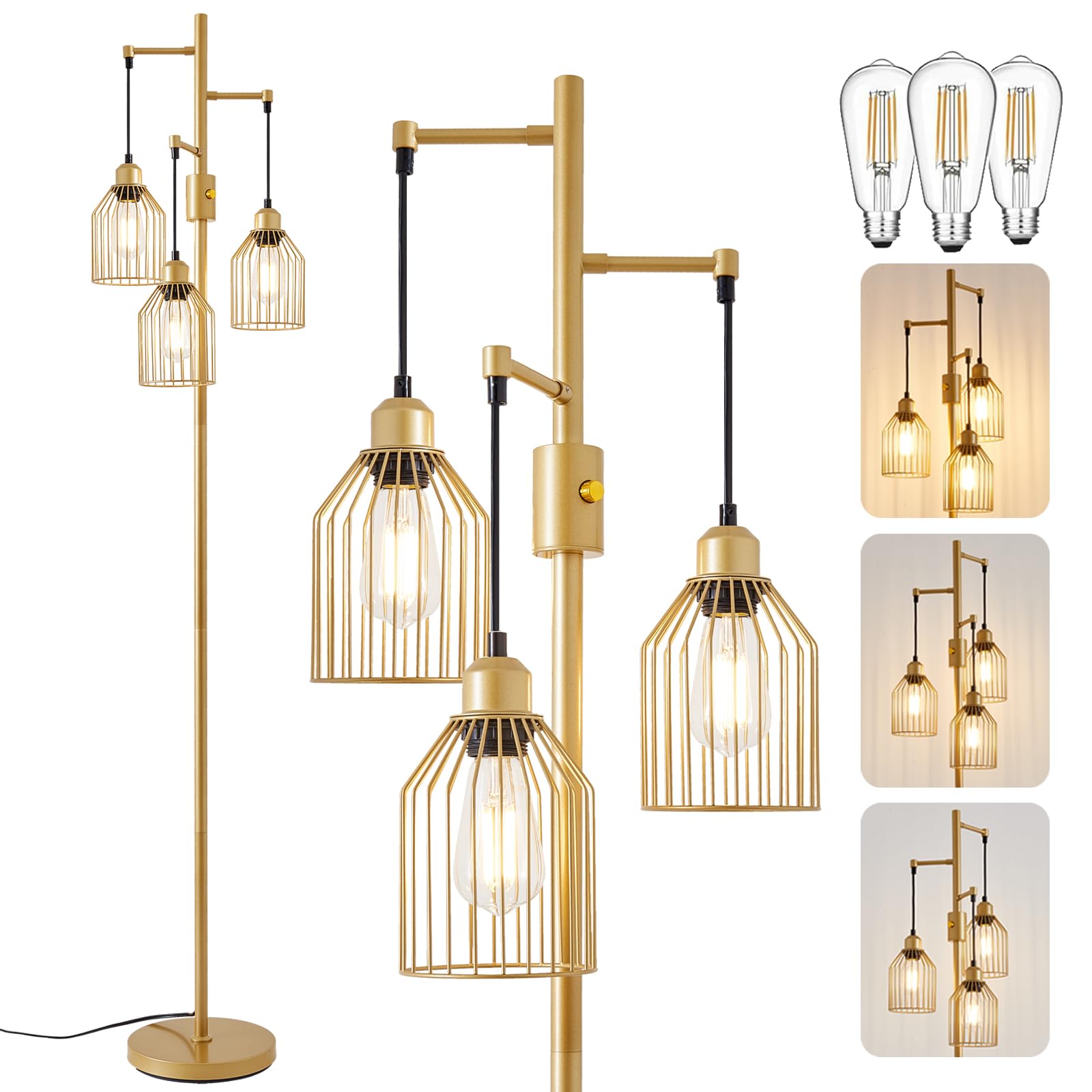 A1A9 Dimmable Floor Lamp For Living Room, Farmhouse Floor Lamps With Elegant Hanging Cage, 3 X Led Edison Bulbs Included, 68.5''