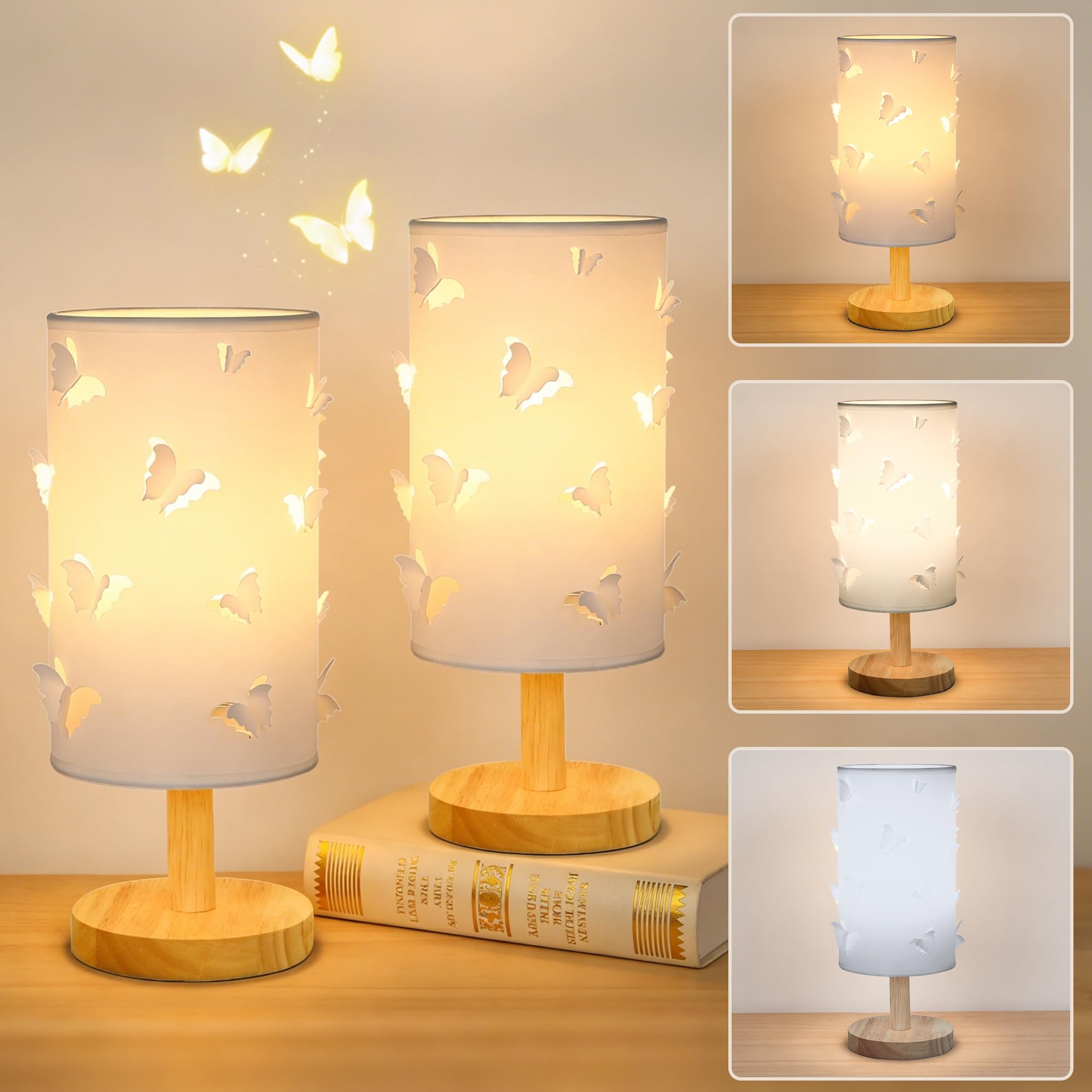 WyzXorn 2 Pack 3D Butterfly Table Lamp,Small Bedside Lamps for Girls Bedroom,3-Color Dimmable Night Light with Wood Base,Ambient