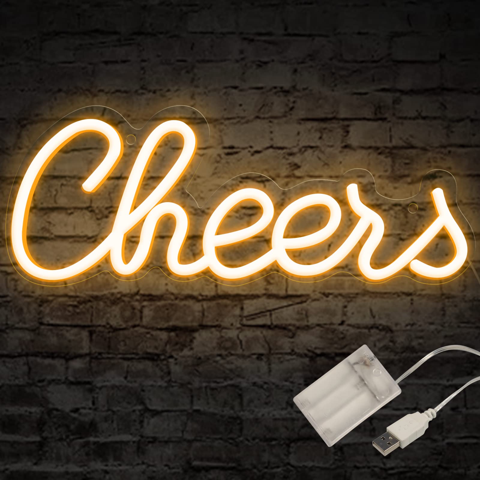 ATOLS Cheers Neon Sign - USB/Battery Powered Wall Decor, 13x5 Inch, Warm White, Model NS13CHRS00WHALFBAUS