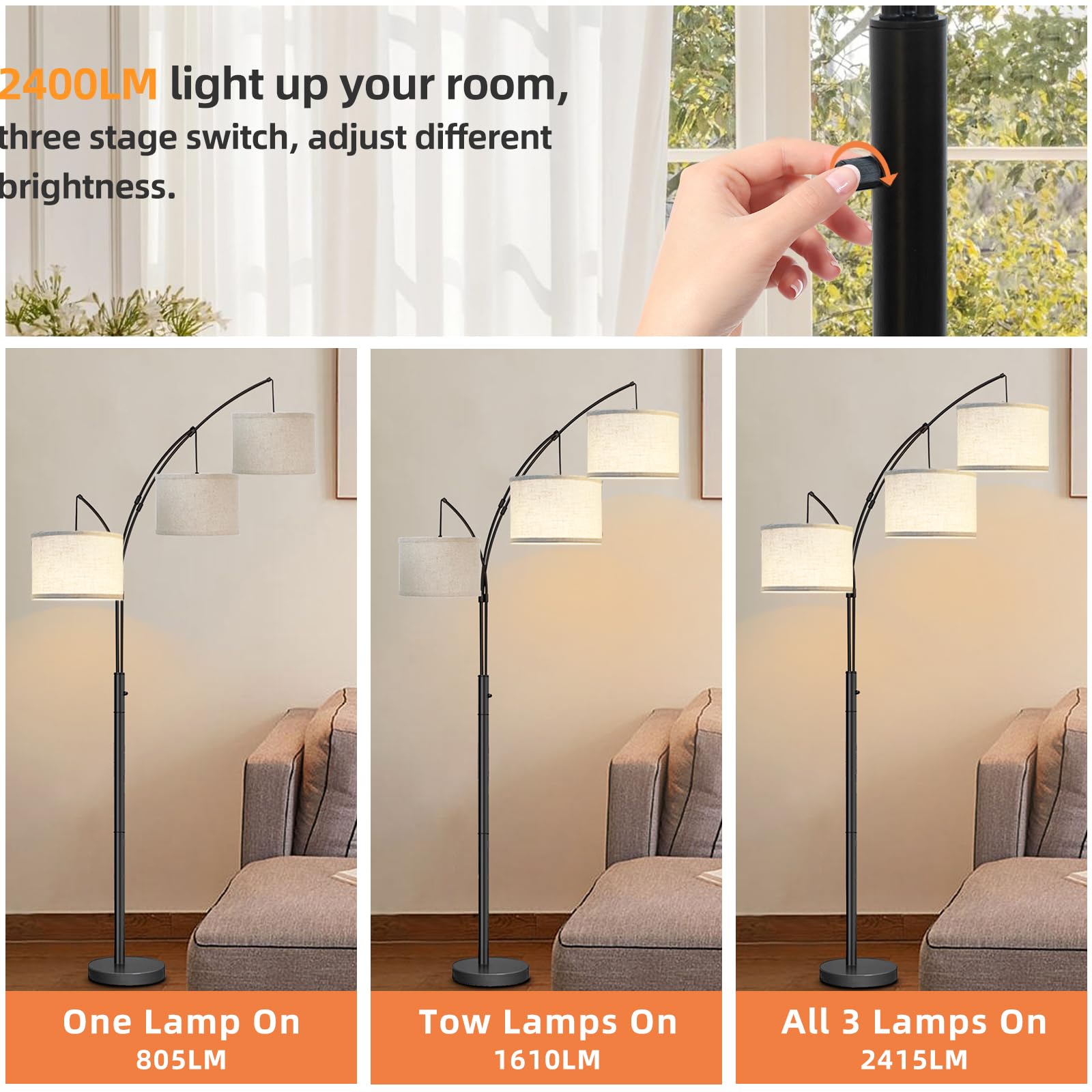 Arc Floor Lamps for Living Room,Modern Mid Century Tall Standing Floor Lamp with Heavy Base for Bedroom Office,3-Light Floor Lam