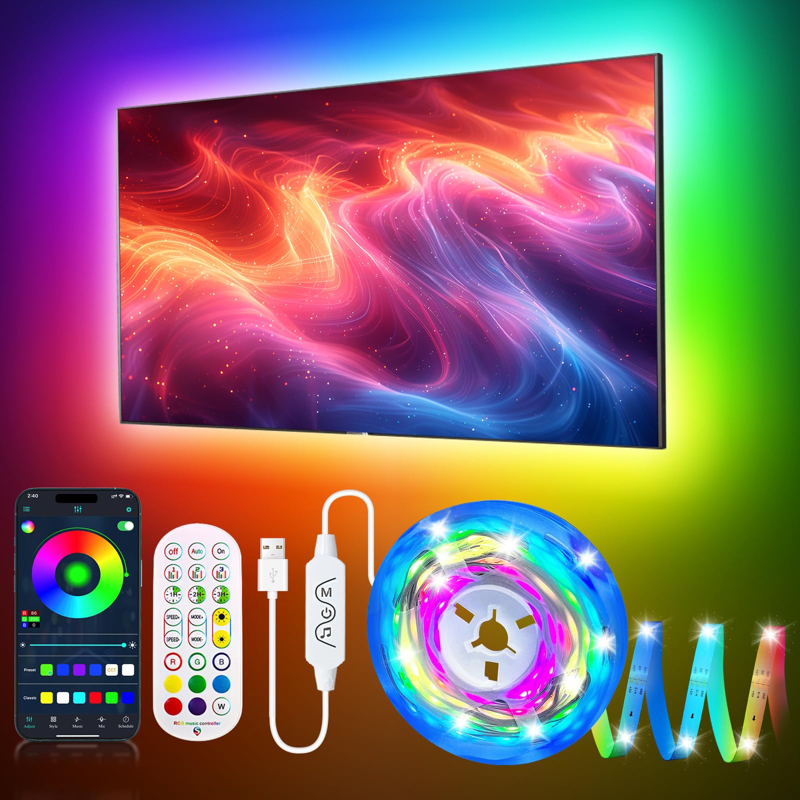 LED TV Backlight, 16.4ft RGBIC TV Backlight for 55-70 inch TV, Smart LED Light for TV with Bluetooth APP and Remote Control, Col