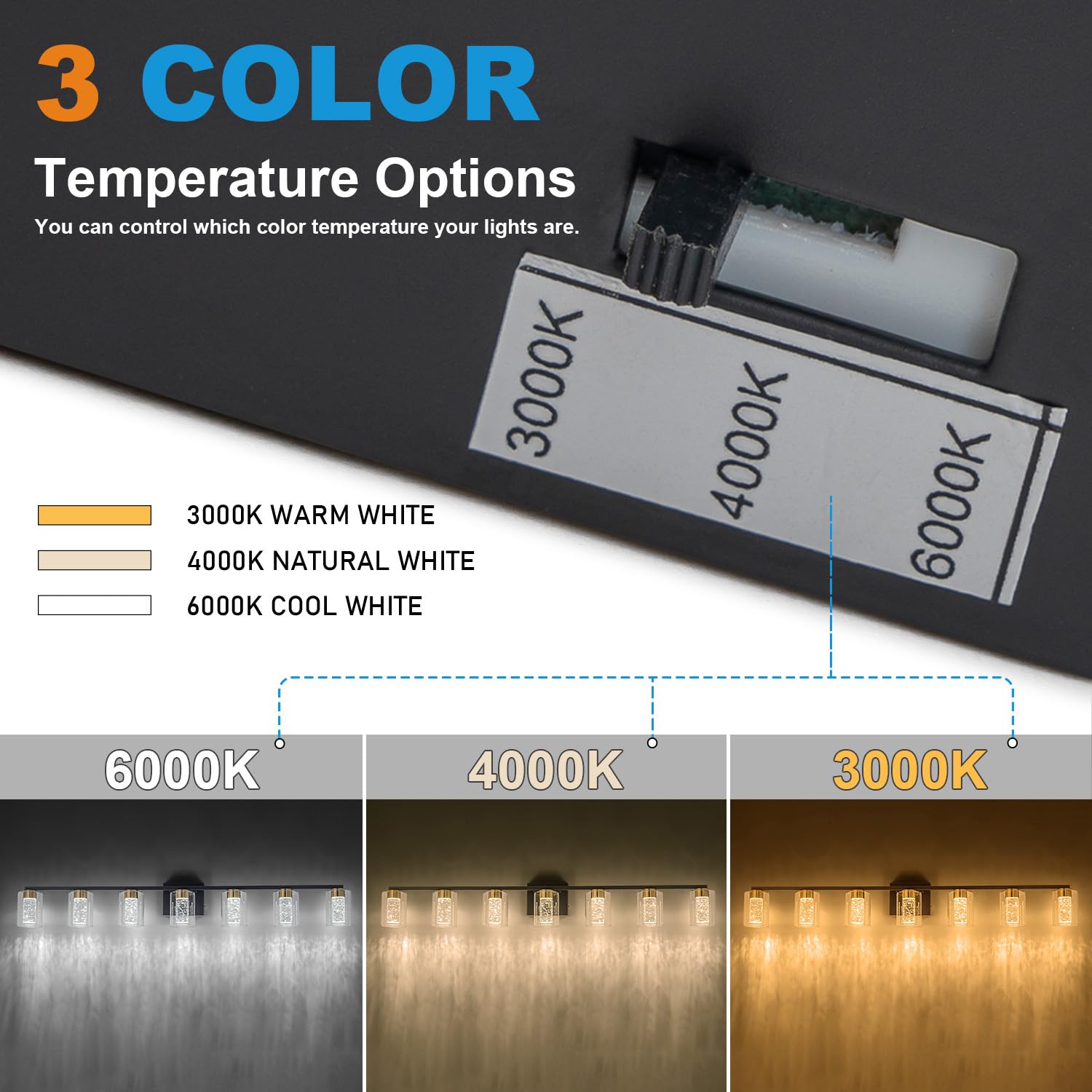 Sinerise 7-Light Black And Gold Vanity Light With 3 Color Modes (3000K/4000K/6000K), Eye Protection Led Bathroom Light Fixture,