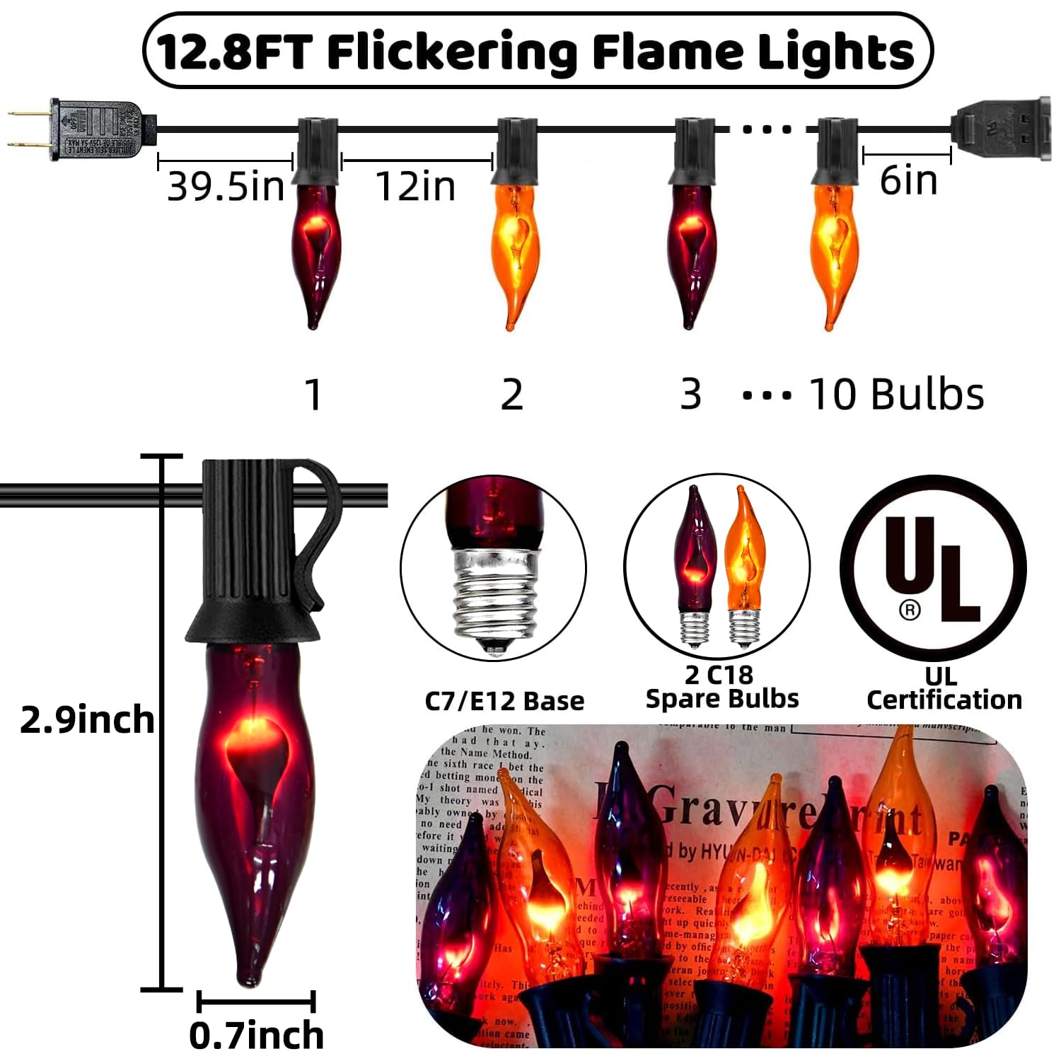 SOTOPOO Halloween Flickering Flame String Lights, 12.8Ft, Orange & Purple, C7 Retro Twinkle with 12 Bulbs, Model ULP(7)-LR(10