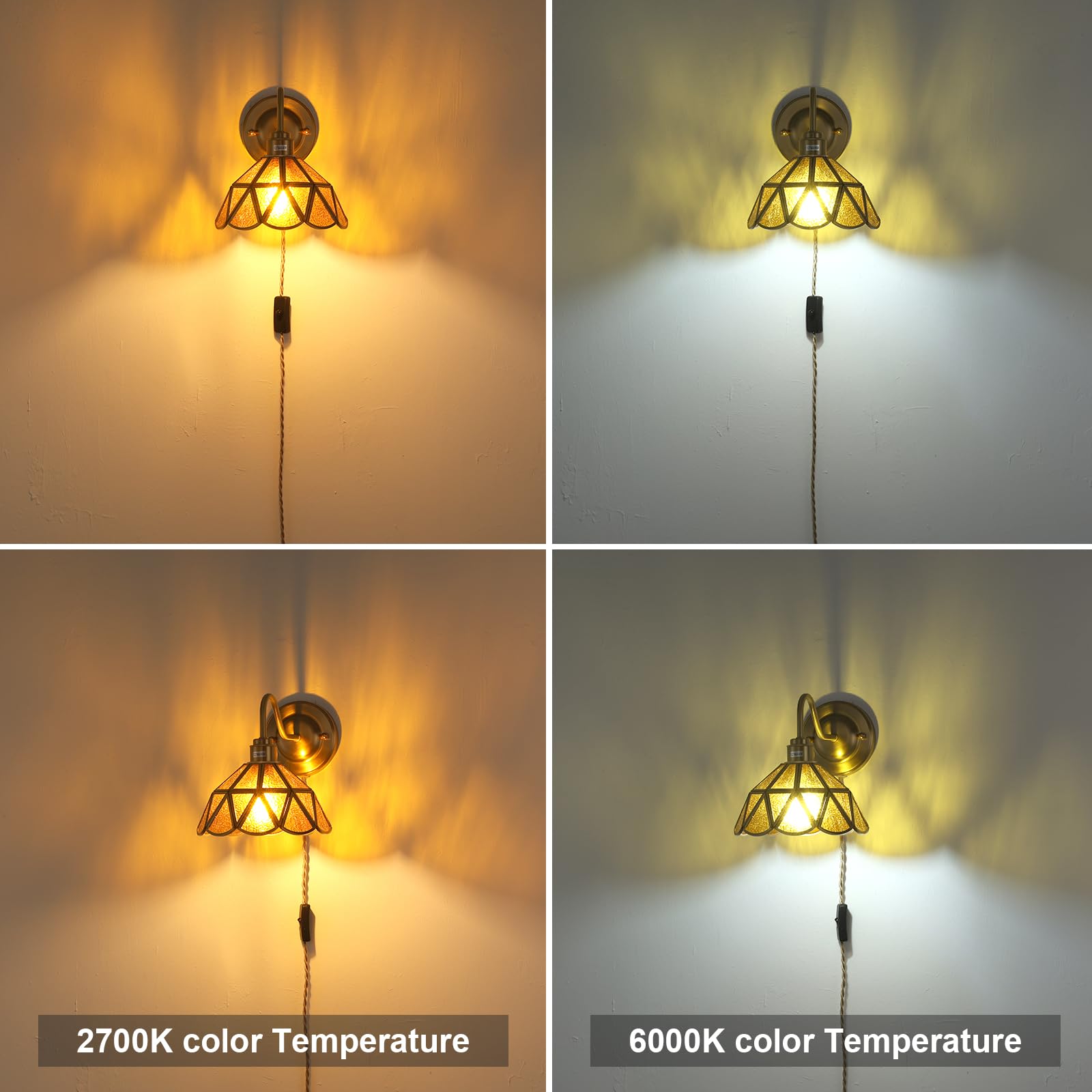 Shenmoyl Vintage Wall Sconce, Wall Lamps With Coffee Stone Triangle Checker Sconce, Stained Glass Shade Gold Wall Lights Fixture With Plug In Cord And Switch For Bedroom Bathroom Living Room Hallway