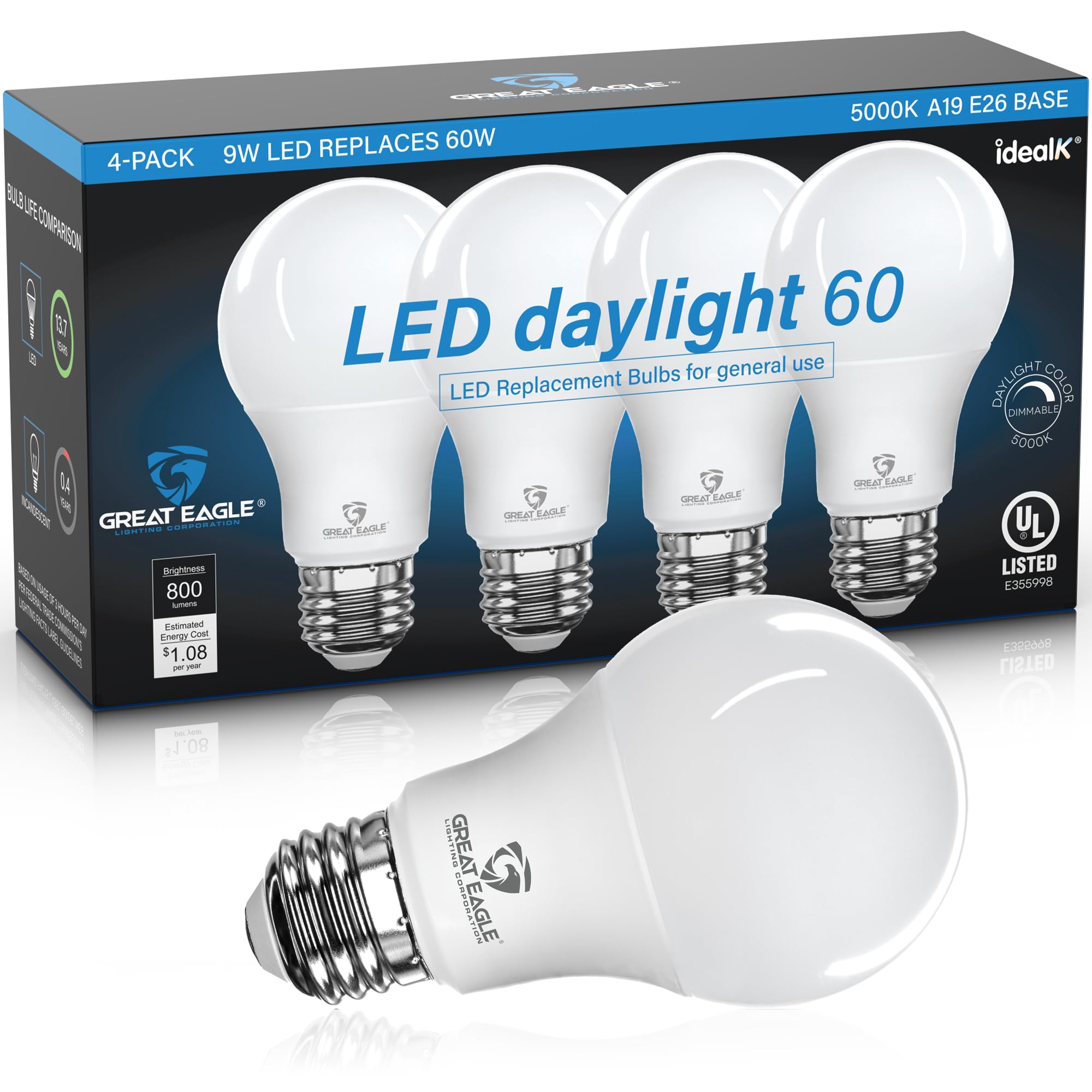 Great Eagle A19 Led Light Bulb, 9W (60W Equivalent), Ul Listed, 5000K Daylight, Dimmable, Standard Replacement (4 Pack)