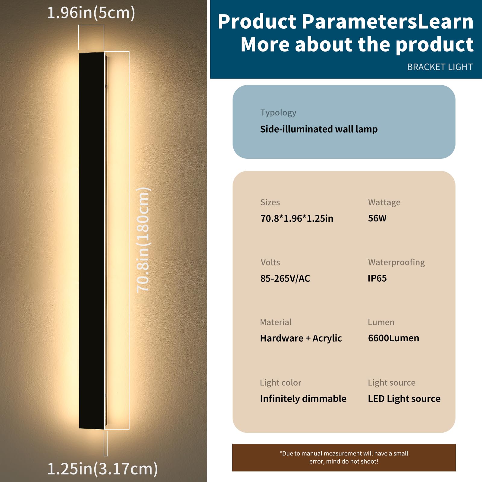 Daoseolo 71inch Outdoor Wall Light, Dimmable 3000K-6000K, IP65 Waterproof Aluminum Sconce with Remote Control