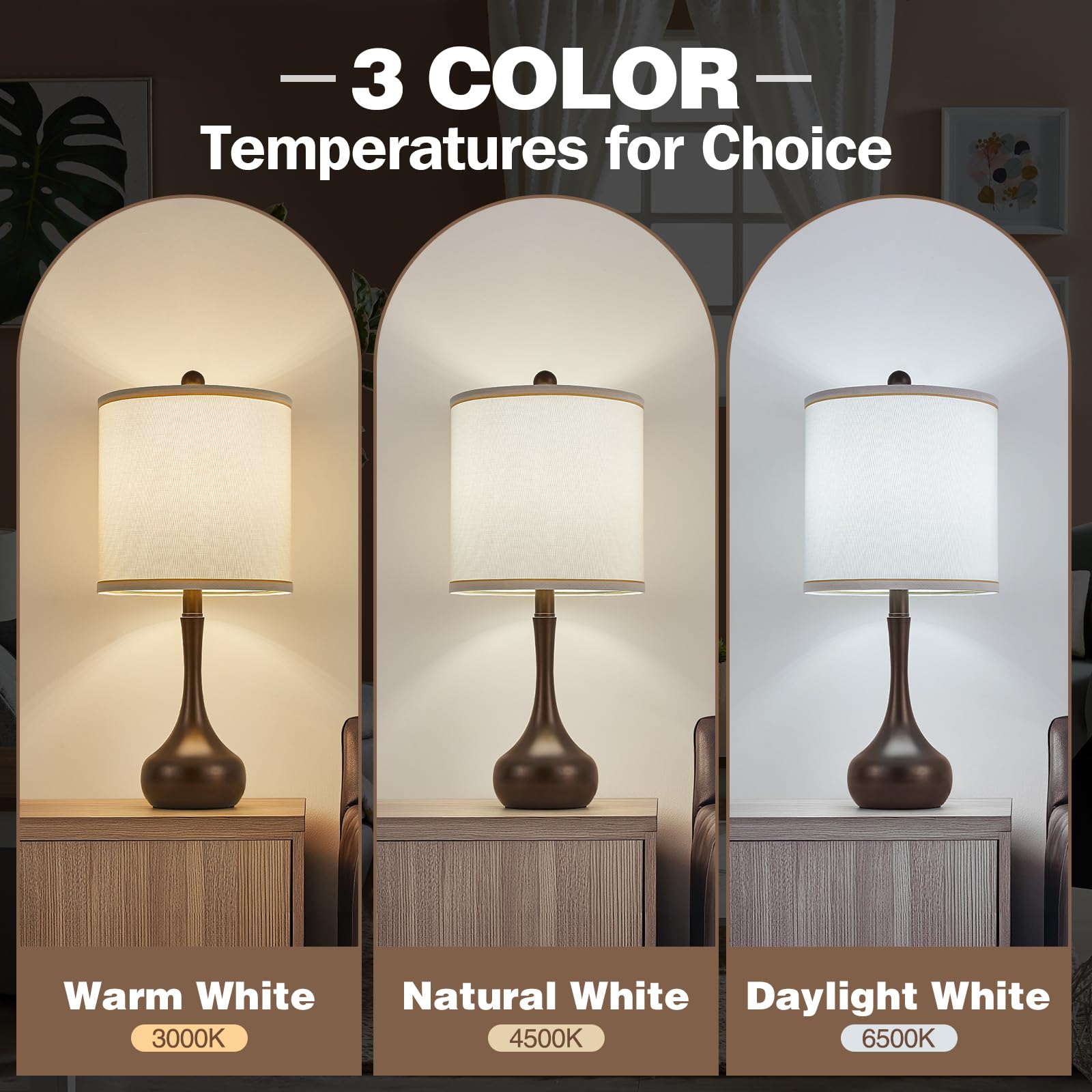 Helijia 23'' Brown Metal Modern Table Lamp Set Of 2,Farmhouse Bedside Lamps For Living Room, 3 Color Temperature Rustic Table La