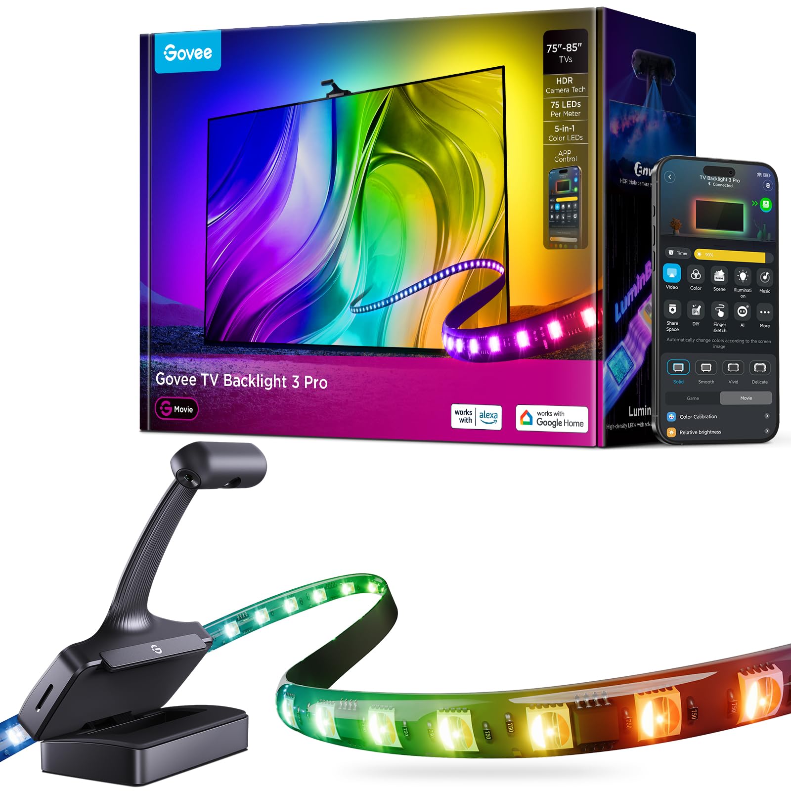 Govee Tv Backlight 3 Pro With Hdr Triple Camera  16.4Ft 5-In-1 Rgbwwic Led Strip Lights That Change With 75-85 Inch Tvs  75Leds/M  Supports Ai Filter  Smart App And Voice Control  Dreamview Sync