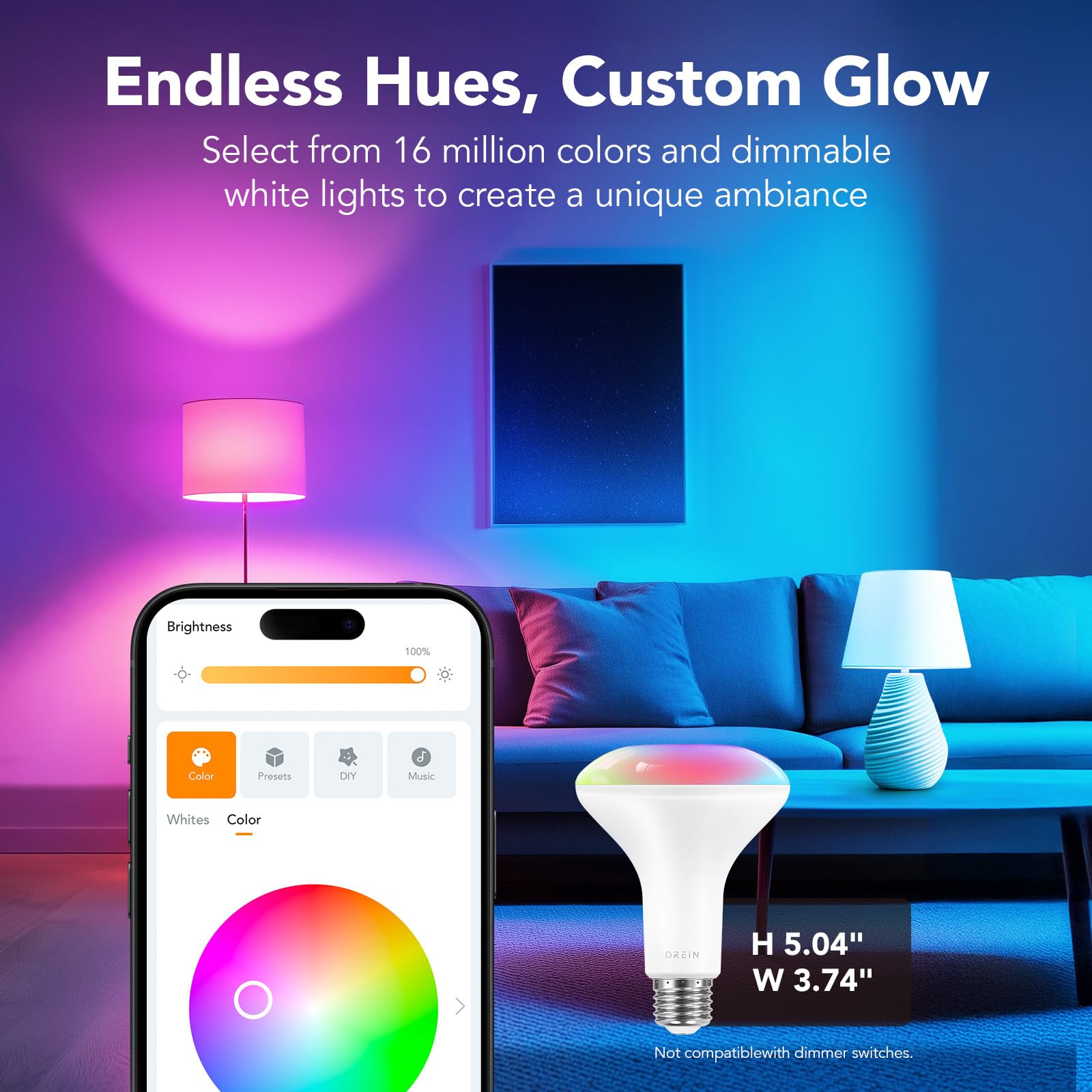 OREiN Smart Light Bulb BR30 1200LM, 4-Pack, RGBTW Color Changing, Compatible with Alexa & Google Home, WiFi Enabled