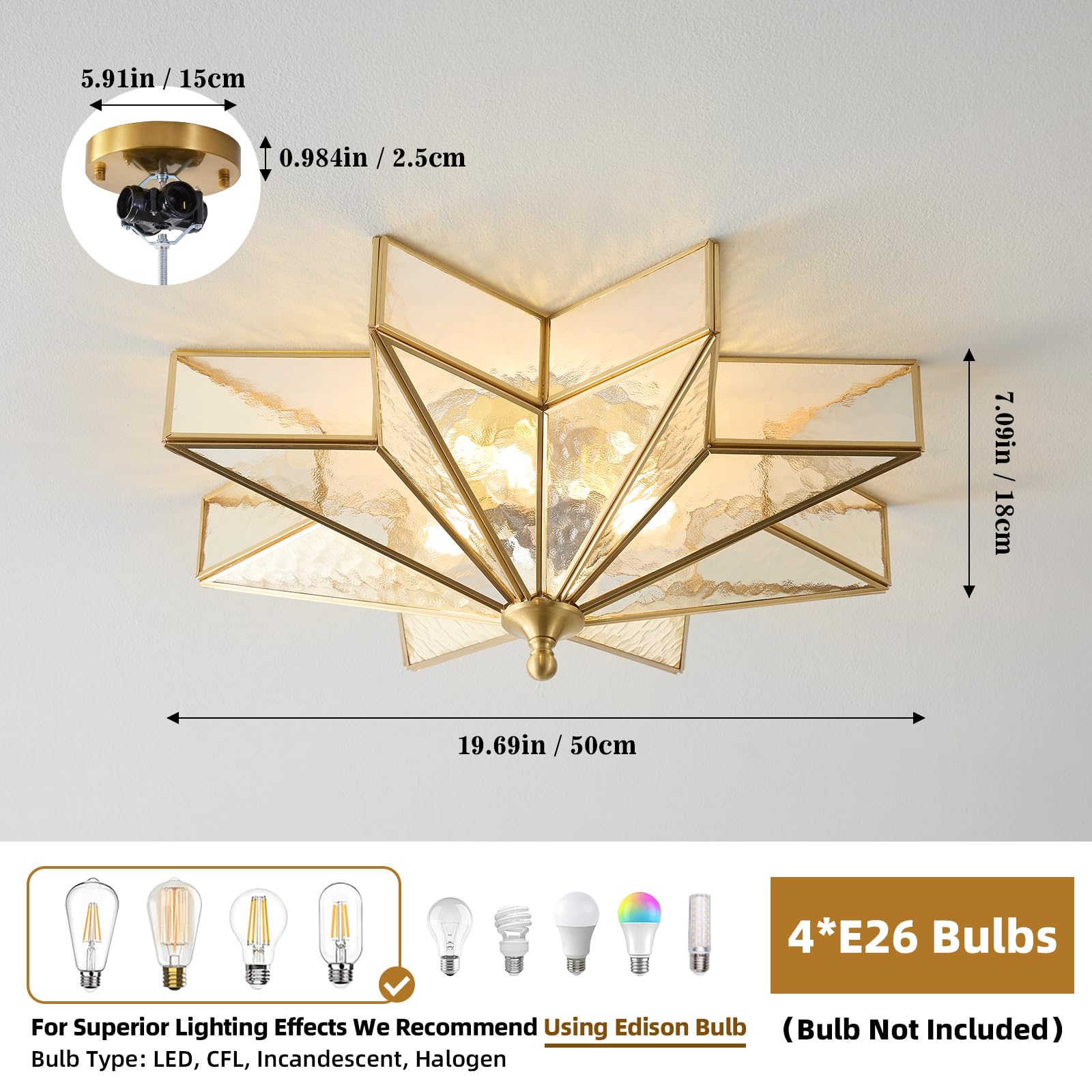Brass Star Flush Ceiling Light - 19.5 Inch Gold Hammered Glass Large Mount Fixture - Art Deco Mid Century Vintage Modern Moravian Lighting Lights For Bedroom Dining Entryway Foyer Living Room Fixtures