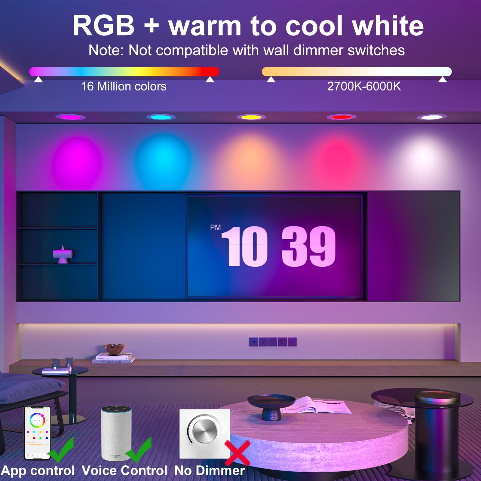 Hydong Color Changing Led Can Lights 12Pack Retrofit Led Recessed Lighting 5/6Inch 13W 1050Lm Smart Recessed Can Lights Compatible With Alexa Bluetooth App Control For Bedroom Kitchen Living Room