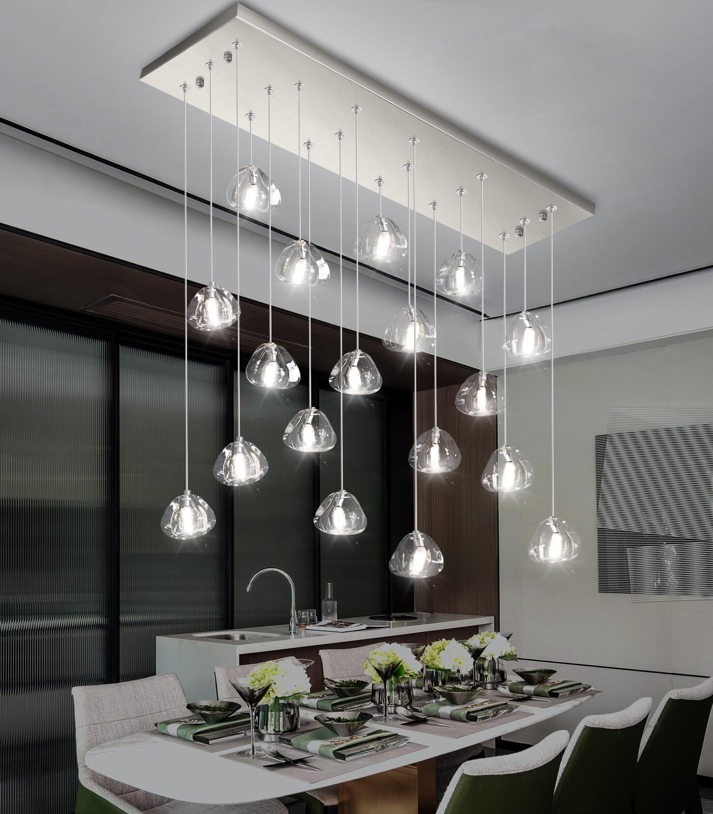 HAIXIANG Rectangular Chandelier, 18 Lights, Dimmable Bubble Crystal, Brushed Nickel, Model MMQ9025, High Ceiling Pendant Light