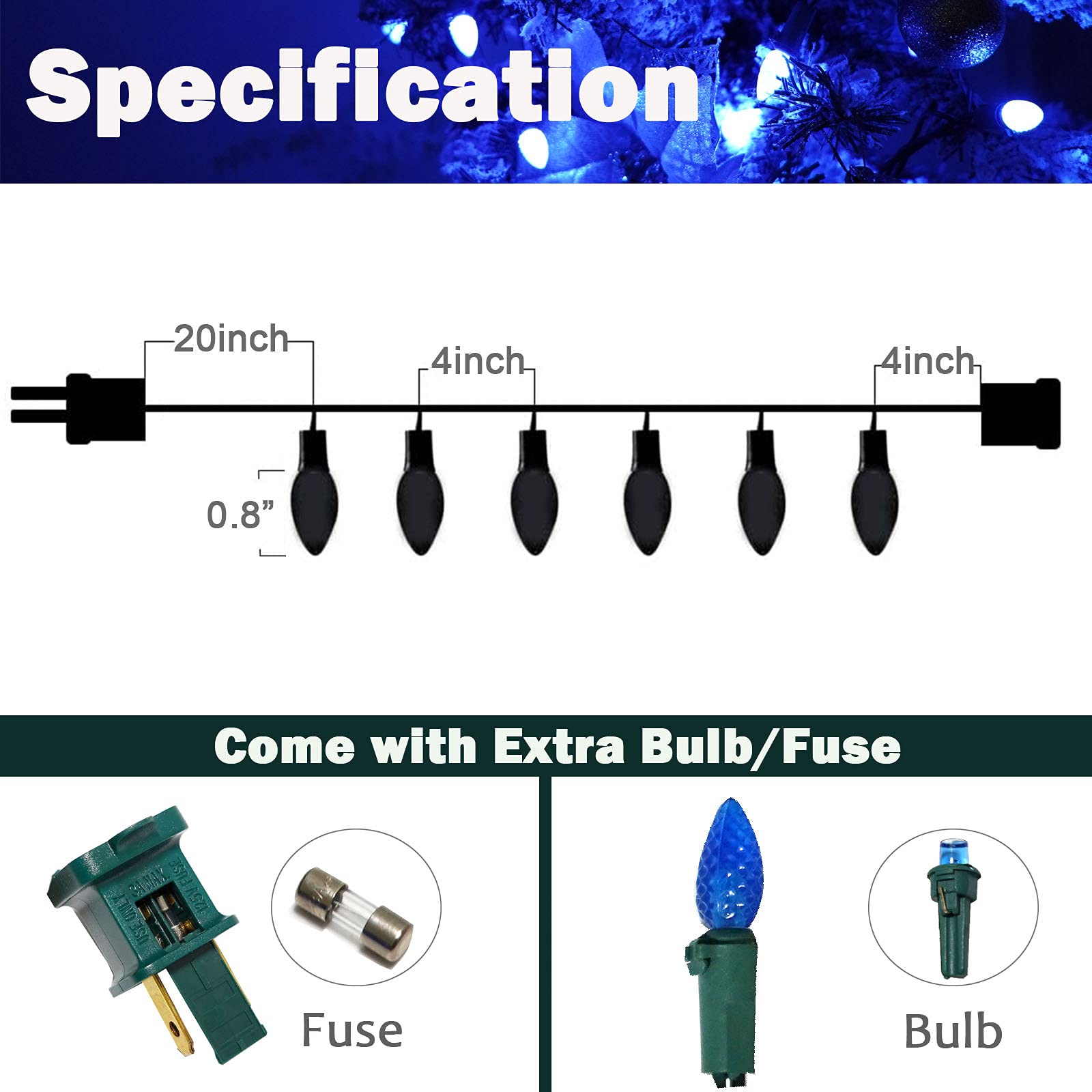 FOMOMDI C3 Outdoor Christmas Lights, 50 LED, 18Ft String Lights, Commercial Grade, Blue-50LED