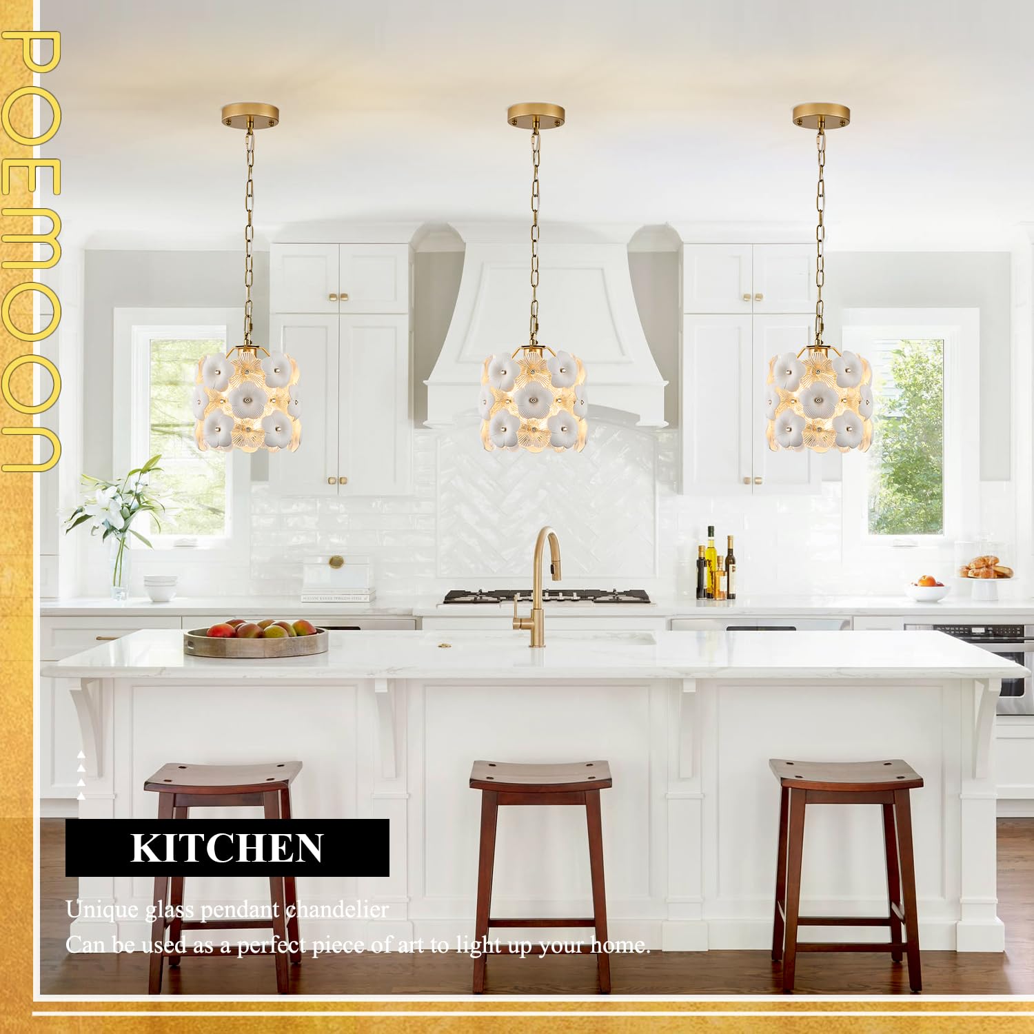 Poemoon Modern Flower Small Pendant Lighting 2-Pack Gold Glass Pendant Light With White Ceramic Flowers 1-Light For Kitchen Isla