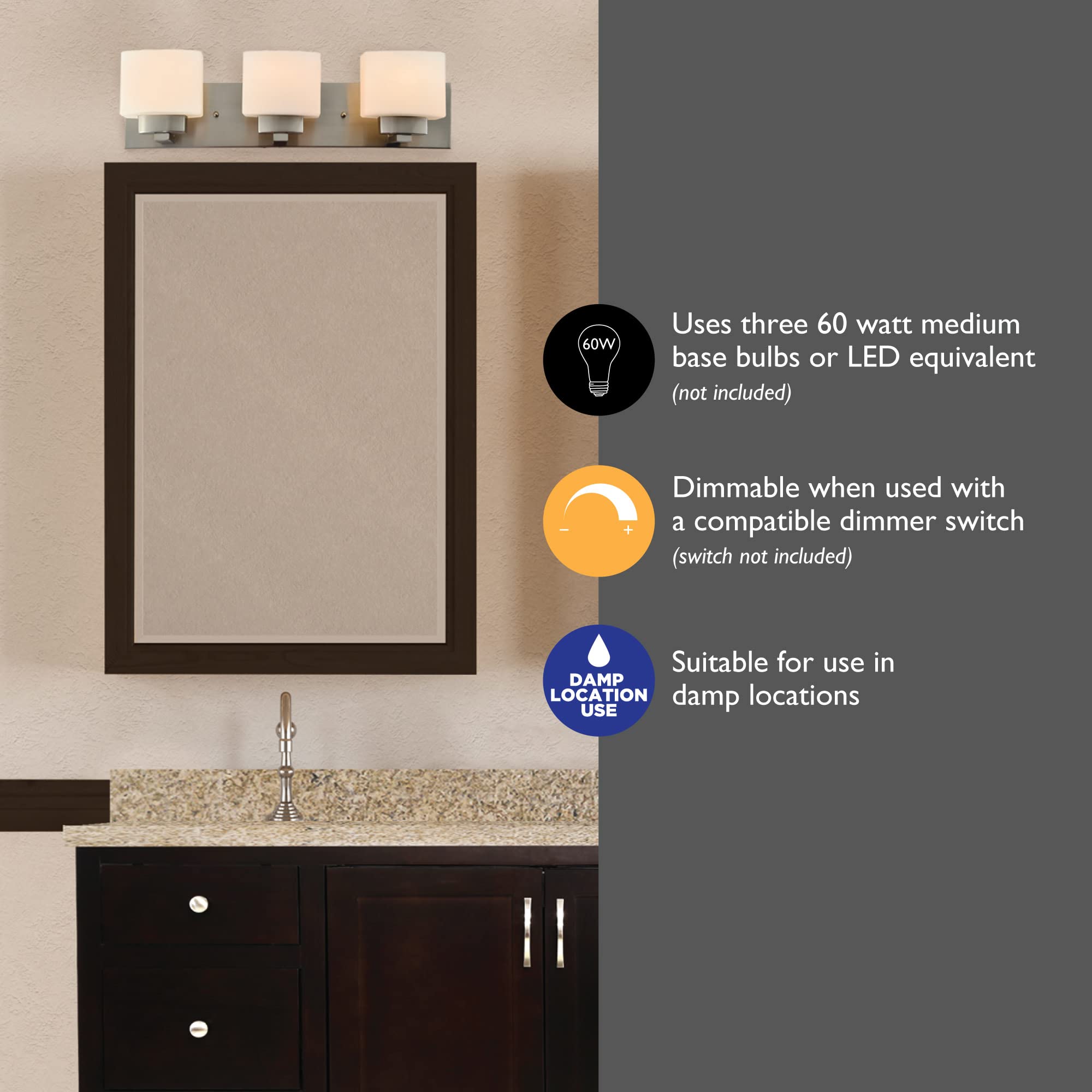 Design House Dove Creek Vanity Light, Dimmable, Frosted Glass, 3-Light, Satin Nickel, Model 578005