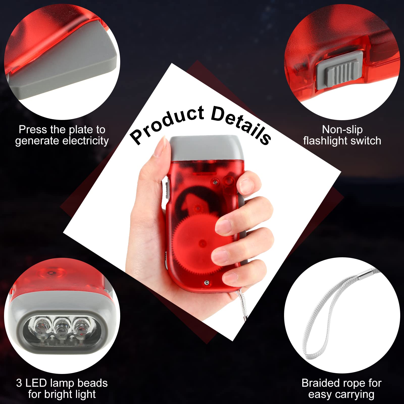 Mudder 24 Pieces Hand Crank Flashlight with LED Self Powered Charging Torch Dynamo for Camping Emergency(Yellow, Green, Blue, Re