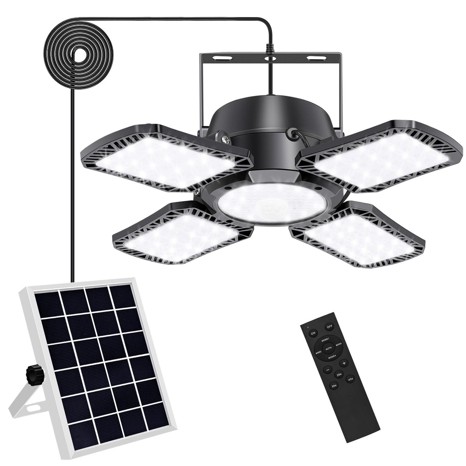 Auzev Solar Shed Light - 128LED Motion Sensor Pendant, 4 Modes, Black, Indoor/Outdoor
