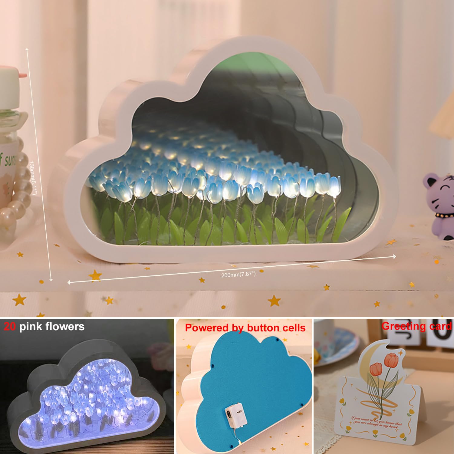 Logazoo (20 Flower) Tulip Lamp Night Light With Mirror  Assembled Artificial Flower Lamp Table Light Bedroom Decoration Gift For Women Girlfriend Sisters Desk Table Decor  Cloud Design (Blue)