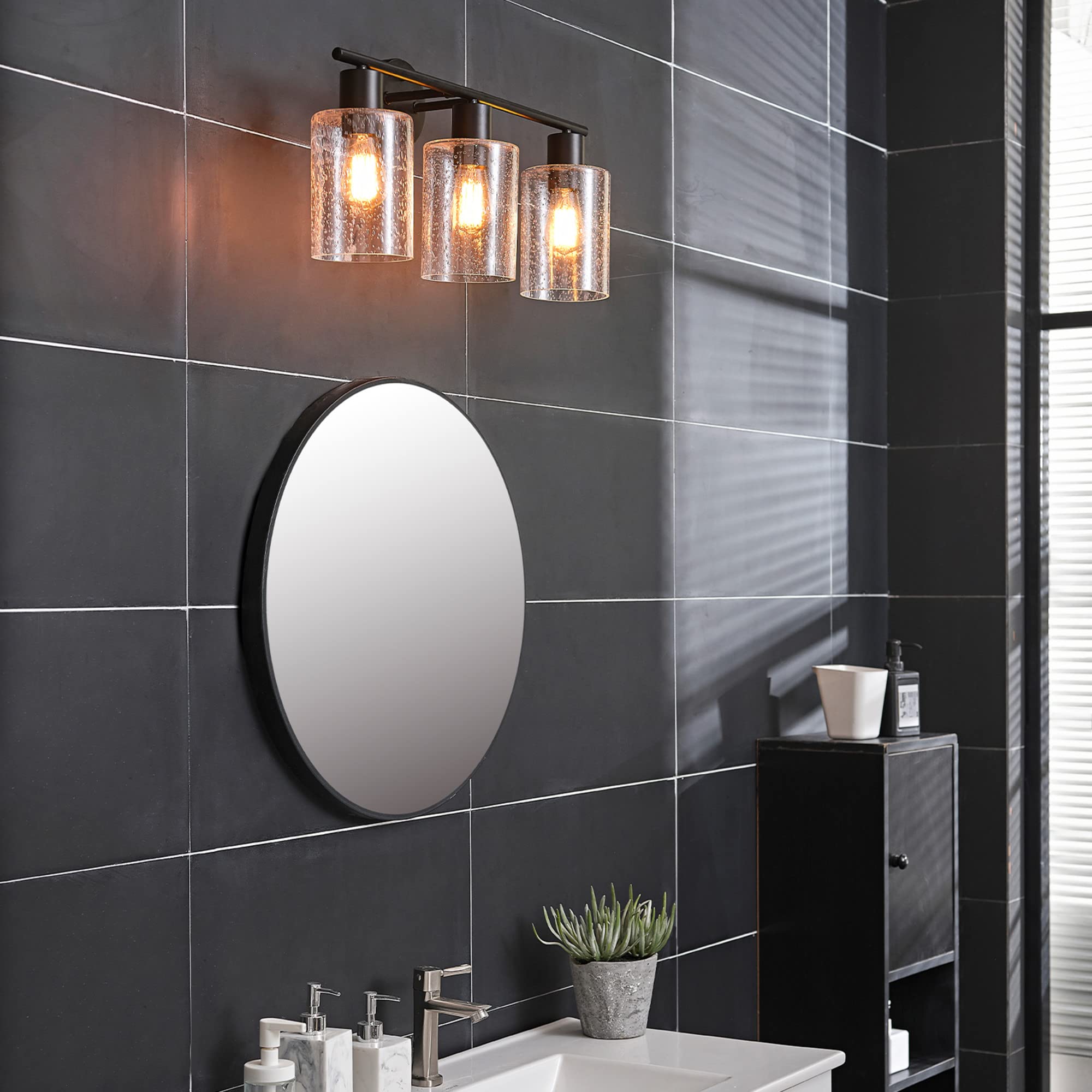 Globe Electric 51851 Bristol 5-Piece All-In-One Bathroom Set, Matte Black, 3-Light Vanity Light With Seeded Glass Shades, Towel
