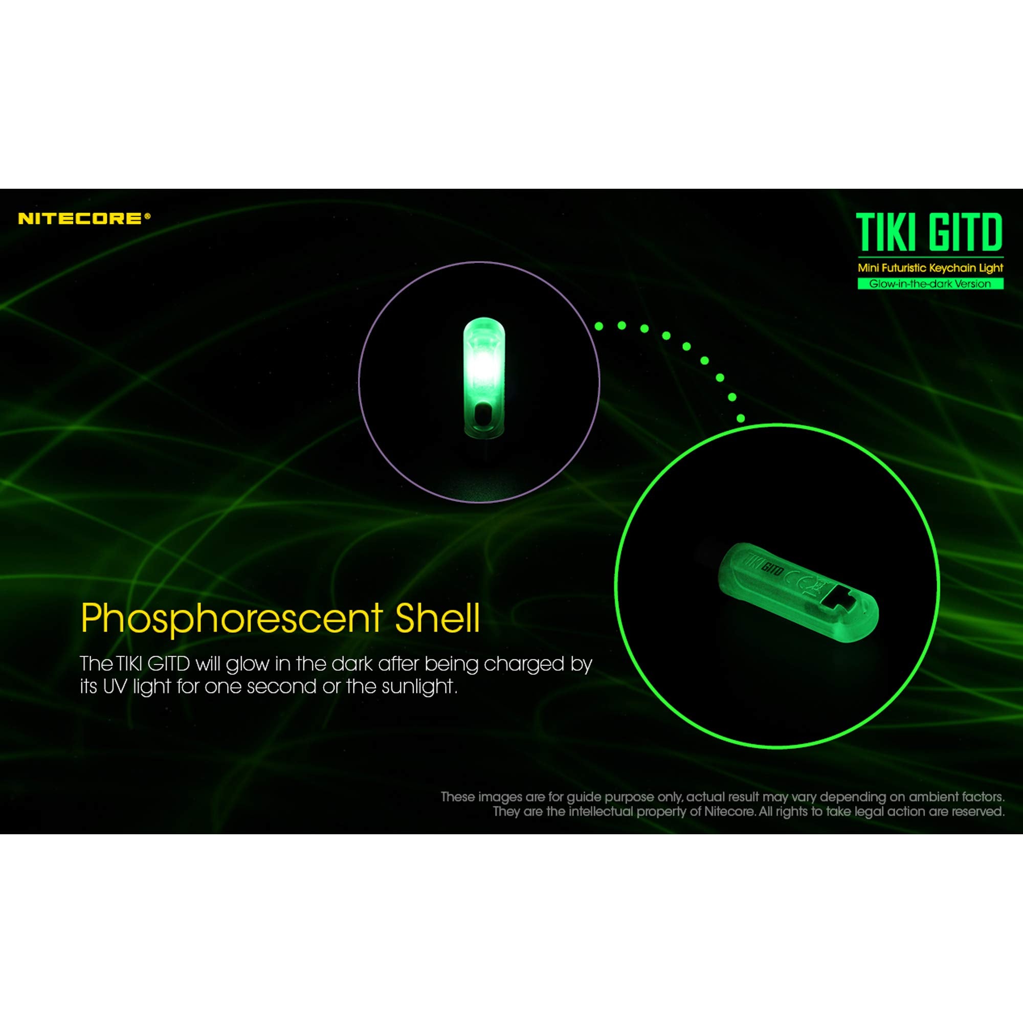 Nitecore Tiki GITD Green Keychain Flashlight - 300 Lumen USB Rechargeable with UV & High CRI Light