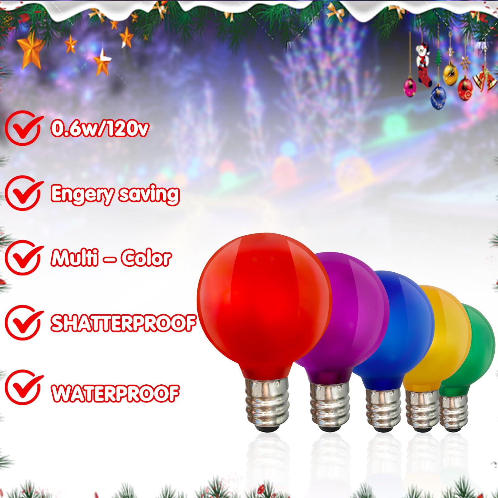 Pallerina G40 Frosted LED Bulbs - 25 Pack, Shatterproof & Waterproof, Multicolor, E12 for Outdoor Christmas Tree Decoration