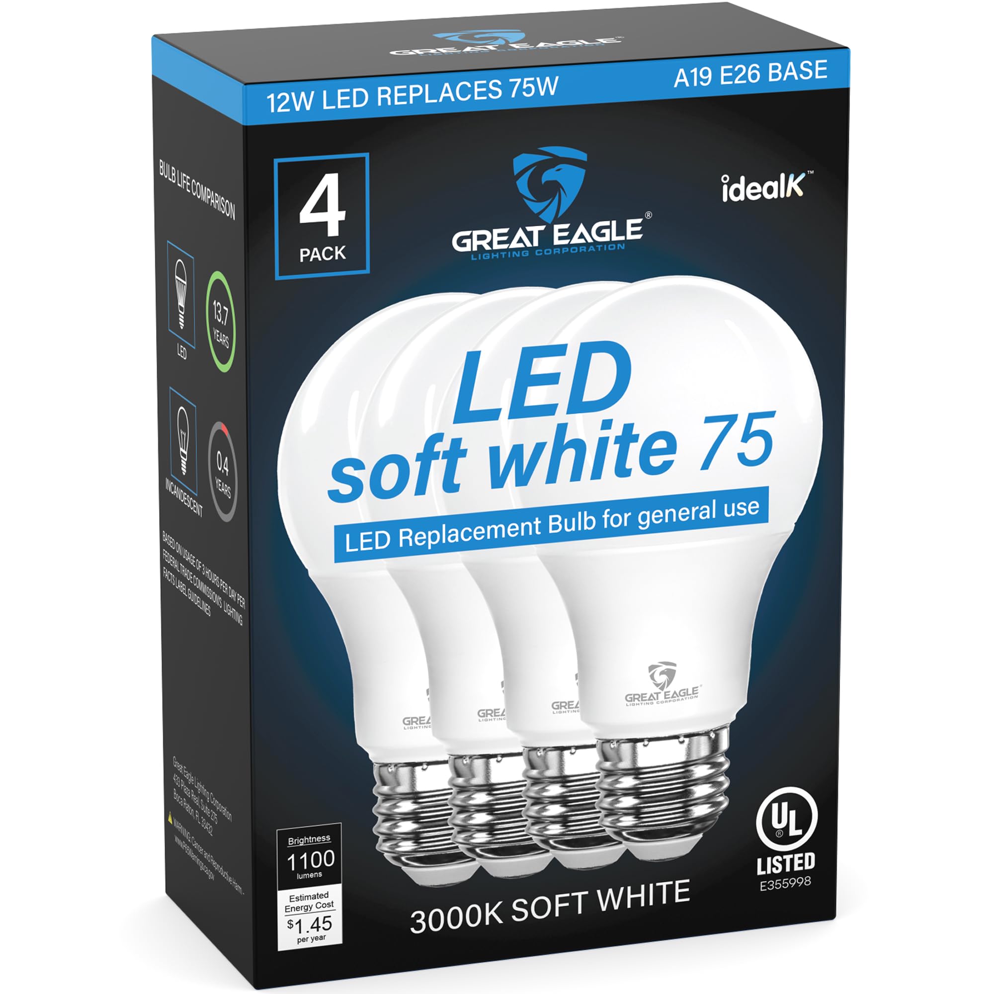 Great Eagle A19 Led Bulbs 75 Watt Equivalent - Ul Listed - 3000K 75 Watt Led Light Bulbs Soft White - Non Dimmable - Standard Re