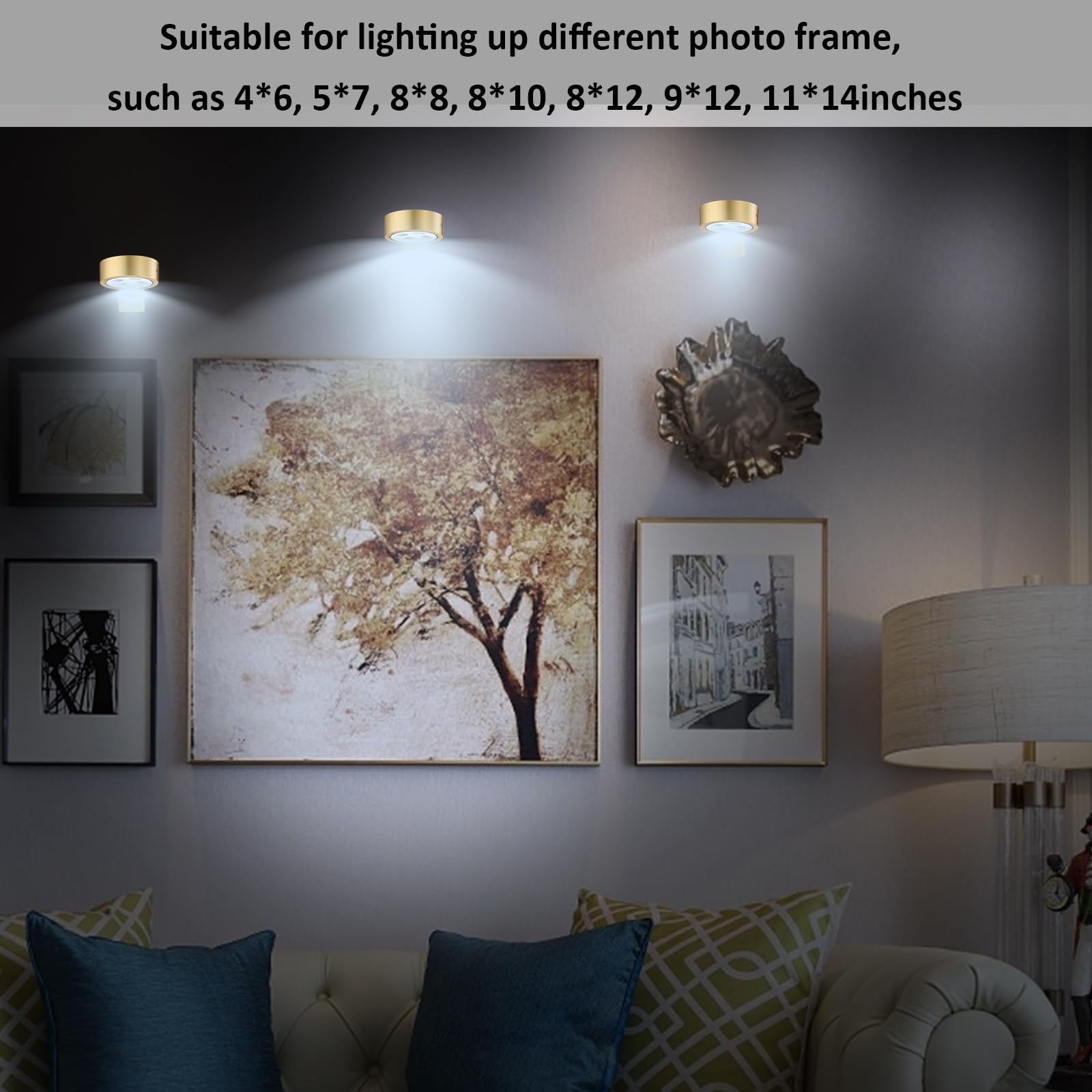 MIOBLUE Picture Light, 3-Pack Battery Operated, Wireless Magnetic Art Light, Remote Control, Dimmable, Gold, Model PCT-3Packs-g