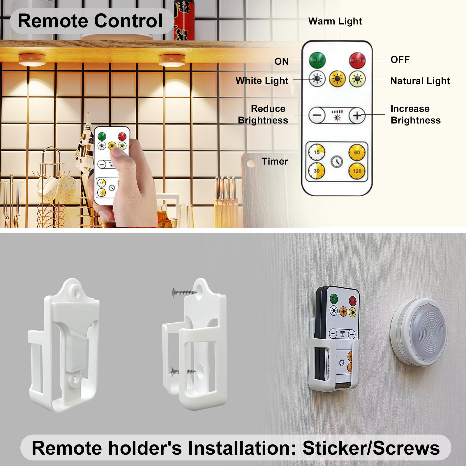 Battery Operated Puck Lights With Remote, Wireless Led Under Cupboard Light With Remote Control, Under Cabinet Lighting, Stair C