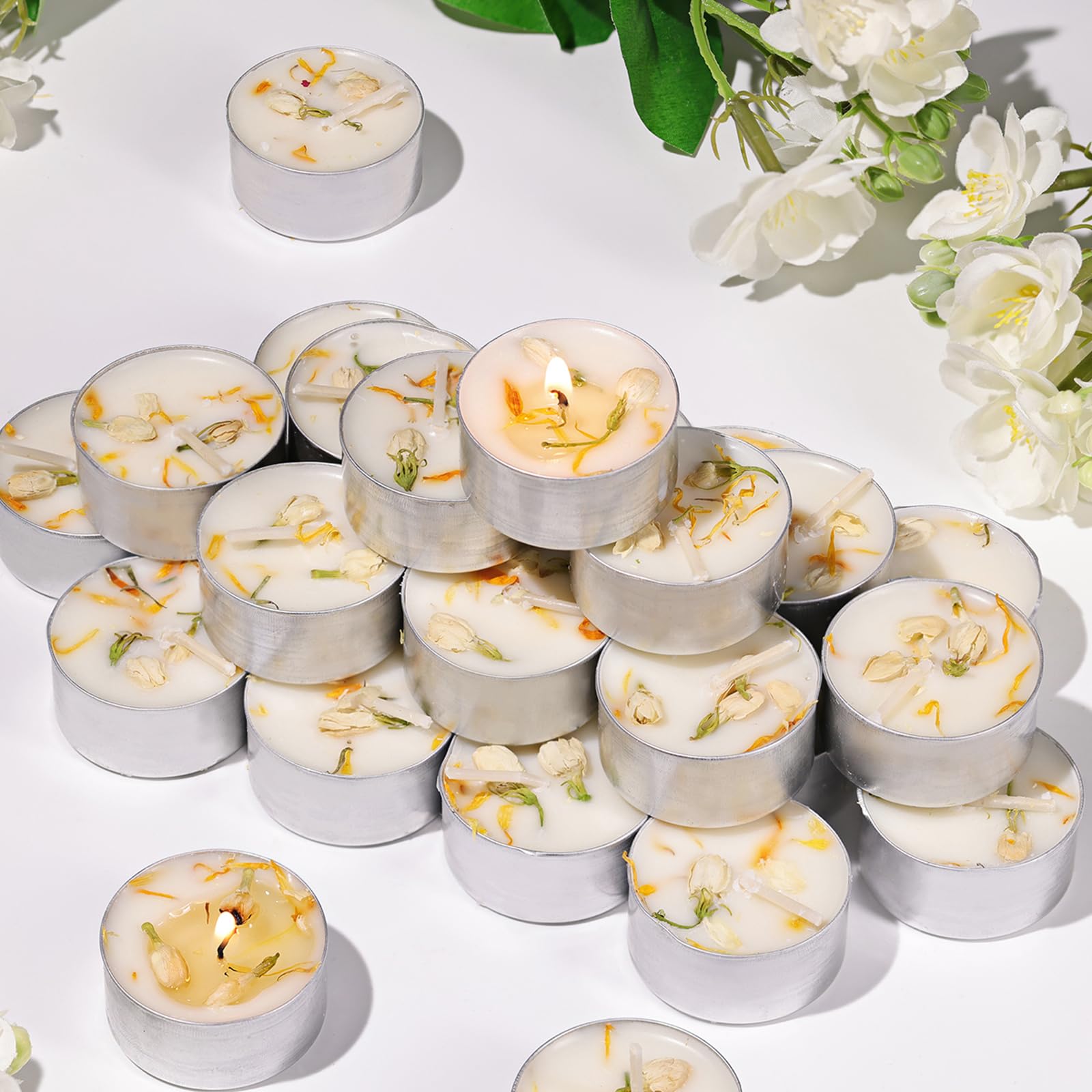 LAMORGIFT 48 Count Jasmine Scented Tealight Candles  6H Long Burning with Dried Flowers  Non-Toxic/Smokeless  Palm Wax Based  Perfect for Spa  Bath  Wedding