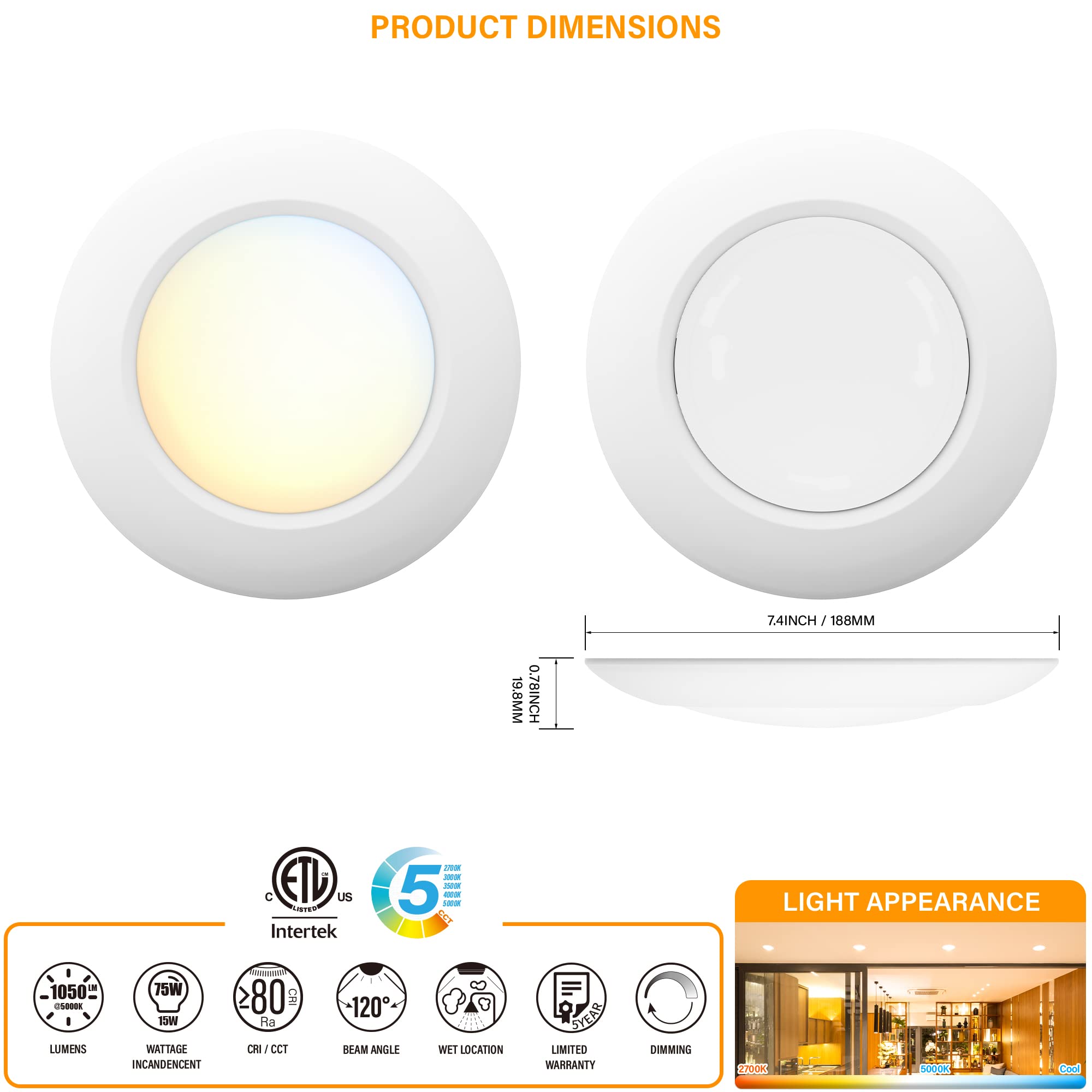 JULLISON LED Recessed Disk Light, 15W, 920 Lumens, 5 CCT, Dimmable, 20 Packs, Matte White, Model DL6IN5C