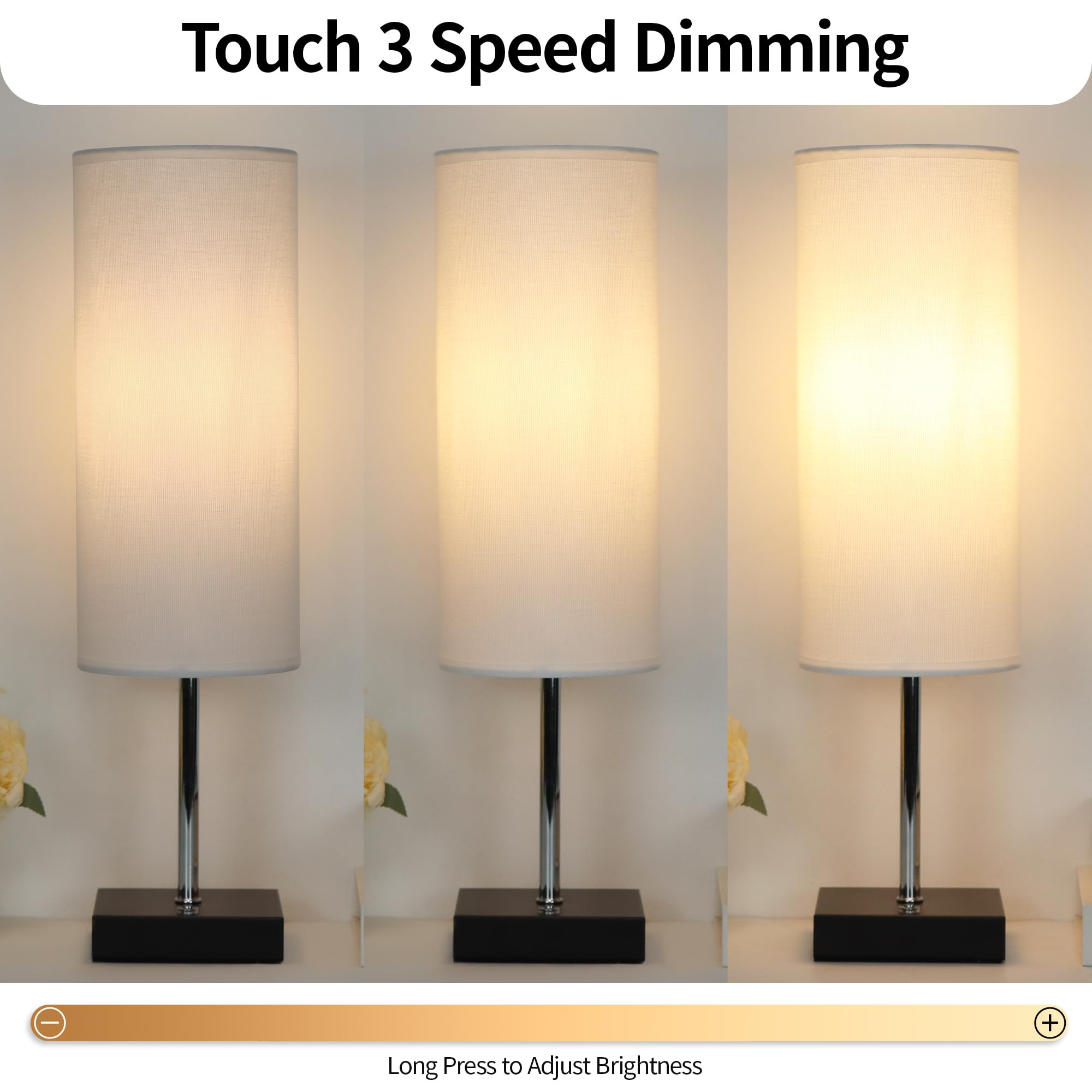 PLMMY 18 Inch Cordless Table Lamp, Rechargeable Touch Control, Dimmable, Linen Fabric Shade, White, Battery Operated for Bedroom/Office