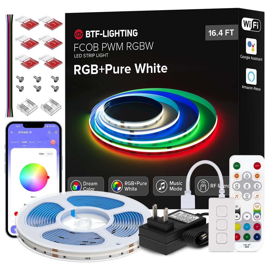 BTF-LIGHTING FCOB COB RGBW 6000K Flexible High Density Uniform LED Strip Kit WiFi Alexa Bluetooth APP Music RF Remote Controller