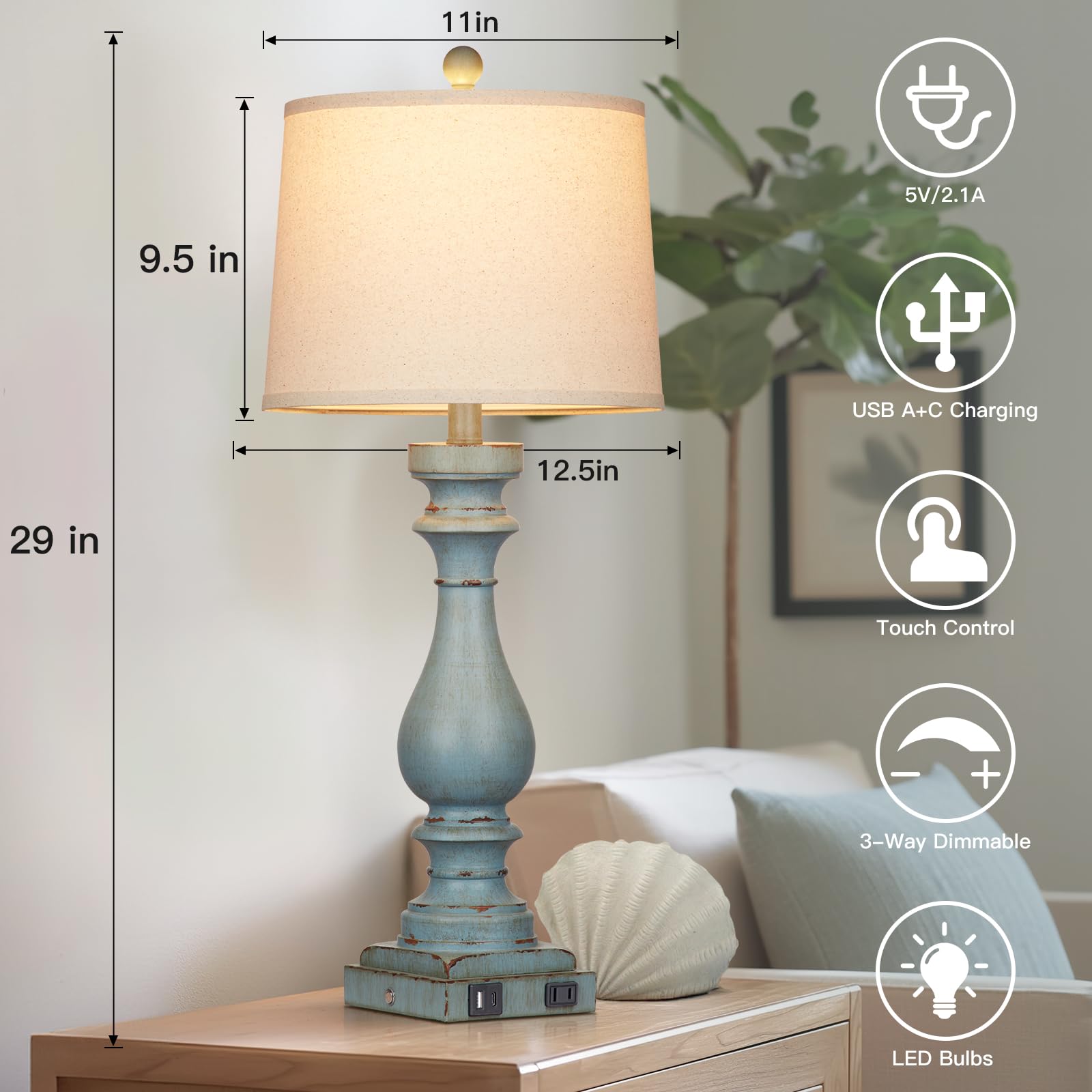 Cinkeda 27.5'' Tall Coastal Lamp,Retro-Blue Vintage Bedside Nightstand Lamps With Usb Charging Ports A/C,3-Way Dimmable Touch Co