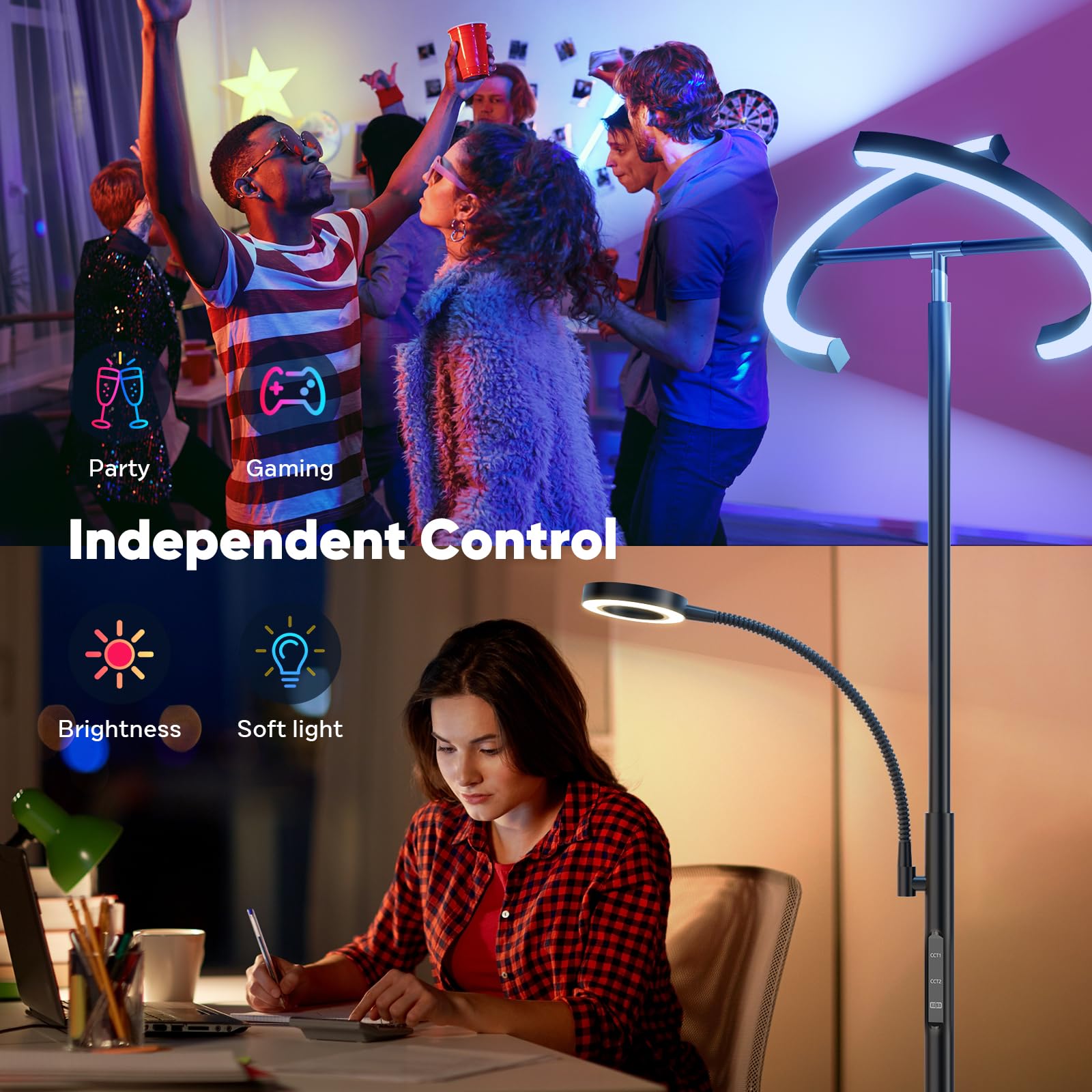 Sibrille Upgraded Rgbcw Floor Lamp With Ring Reading Lamp, Rotatable Remote Control Led Standing Lamp Dimmable Floor Light Moder