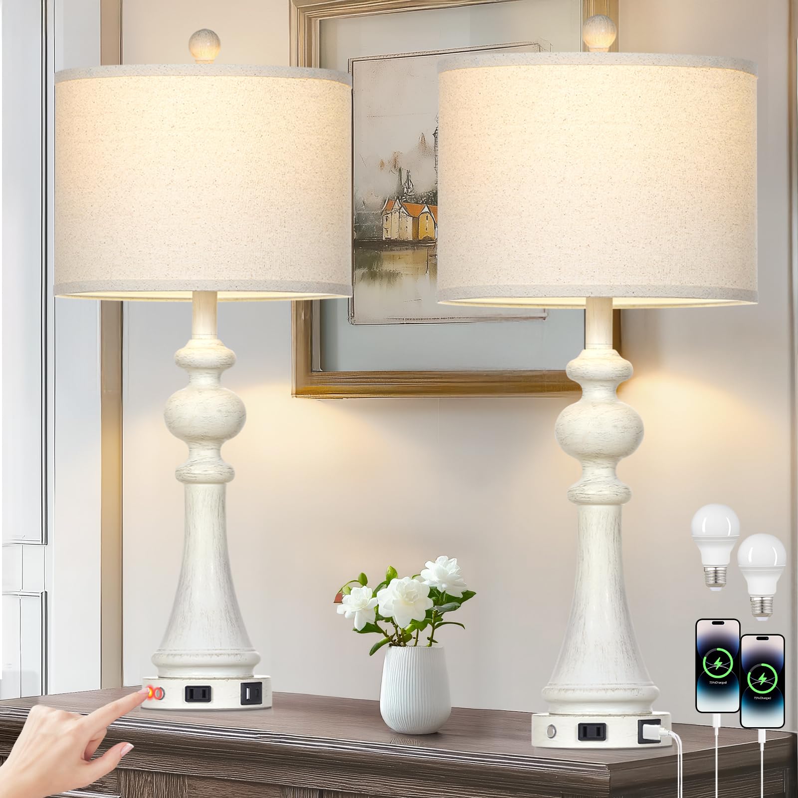 28 Farmhouse Table Lamps Set of 2, Vintage Bedside Lamps with USB A+C Charging Ports & AC Outlet, 3-Way Dimmable Touch Control N