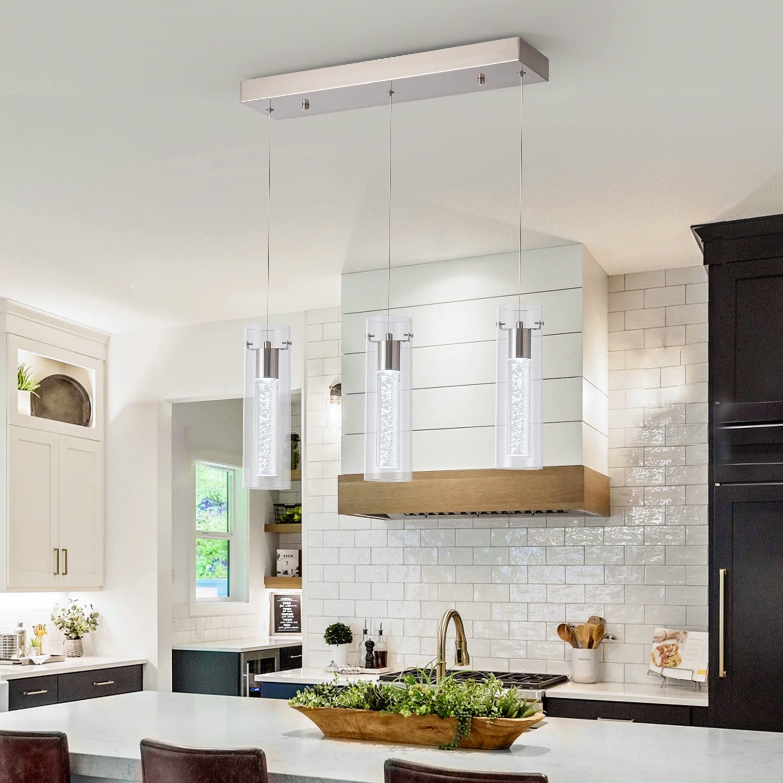 3 Light Kitchen Pendant Lighting Over Island, Modern Pendant Light With Remote Dimmable Three Color, Pendant Lights For Kitchen