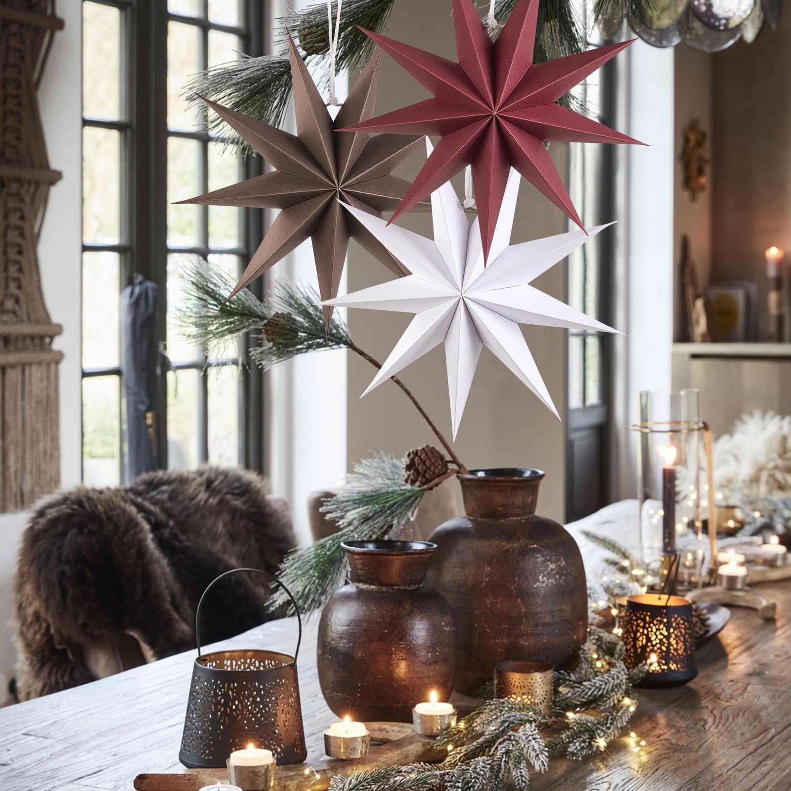 Sunbeauty 3 Pcs 9-Pointed Brown Burgundy White Paper Star Lanterns 12 Inch Christmas Hanging Lamp Rustic Paper Decorations Shade