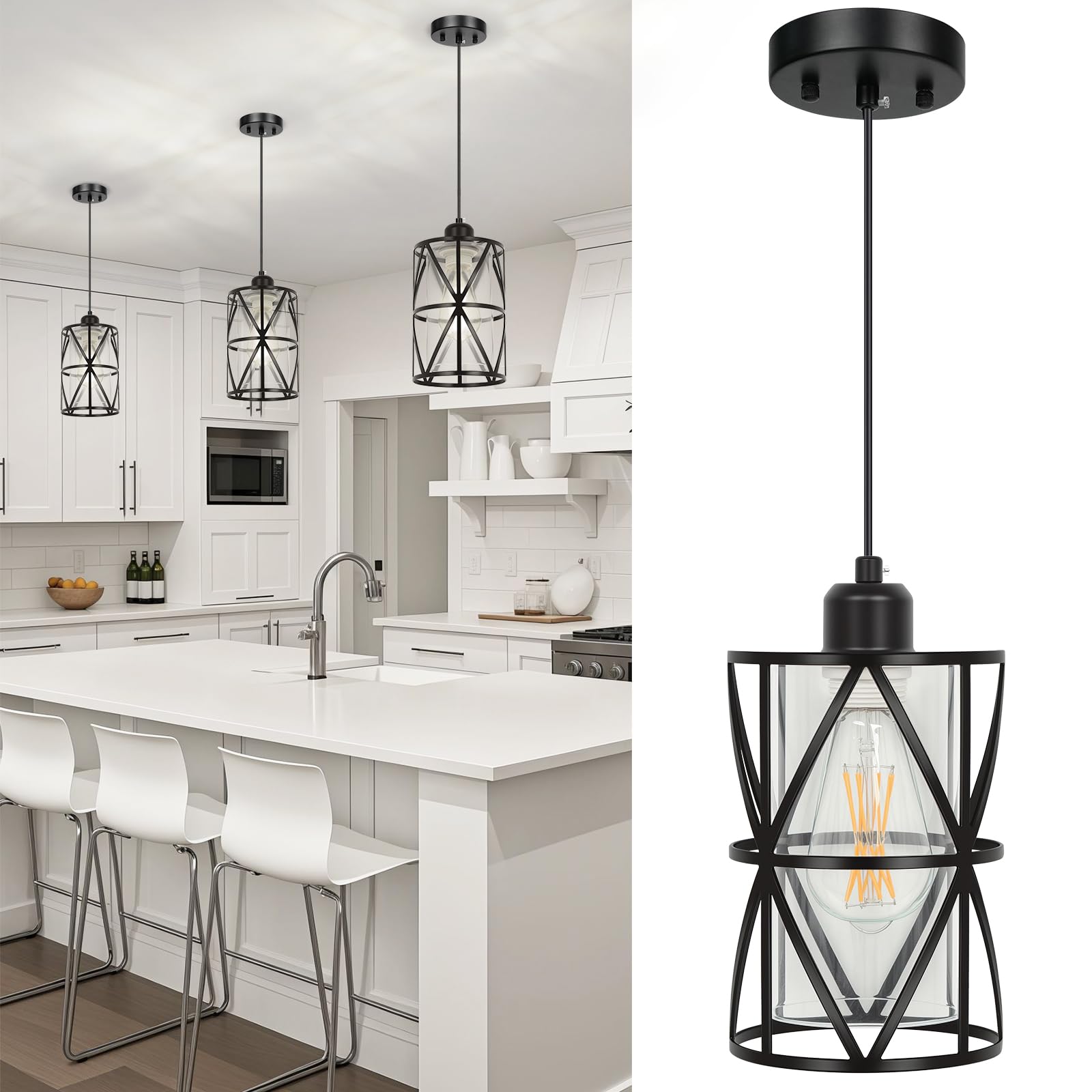 Zlierop Pendant Light, Clear Glass Shade, Metal, 5.4inx7.9in, Black, Model SF20250915B0F32PT27T